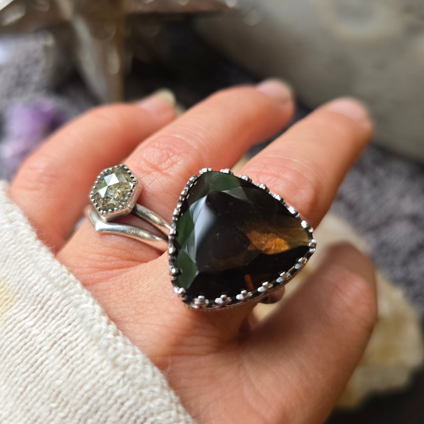 SMOKY QUARTZ Ring | Faceted Trillion Cut 925 Sterling Silver Fancy Filigree Victorian Gothic Rustic Gallery Bezel Large Statement Ring
