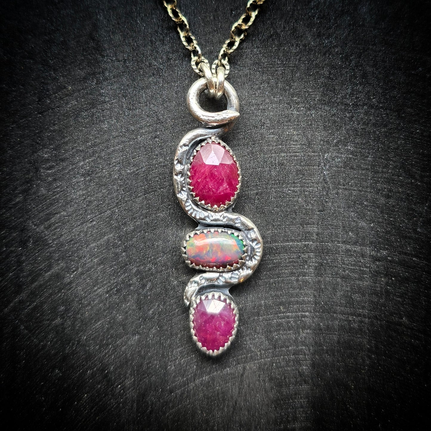 RUBY OPAL SNAKE Charmer Necklace | 925 Sterling Silver Rose Cut Faceted Ruby Smoke Welo Black Opal Tribal Serpent Pendant Necklace