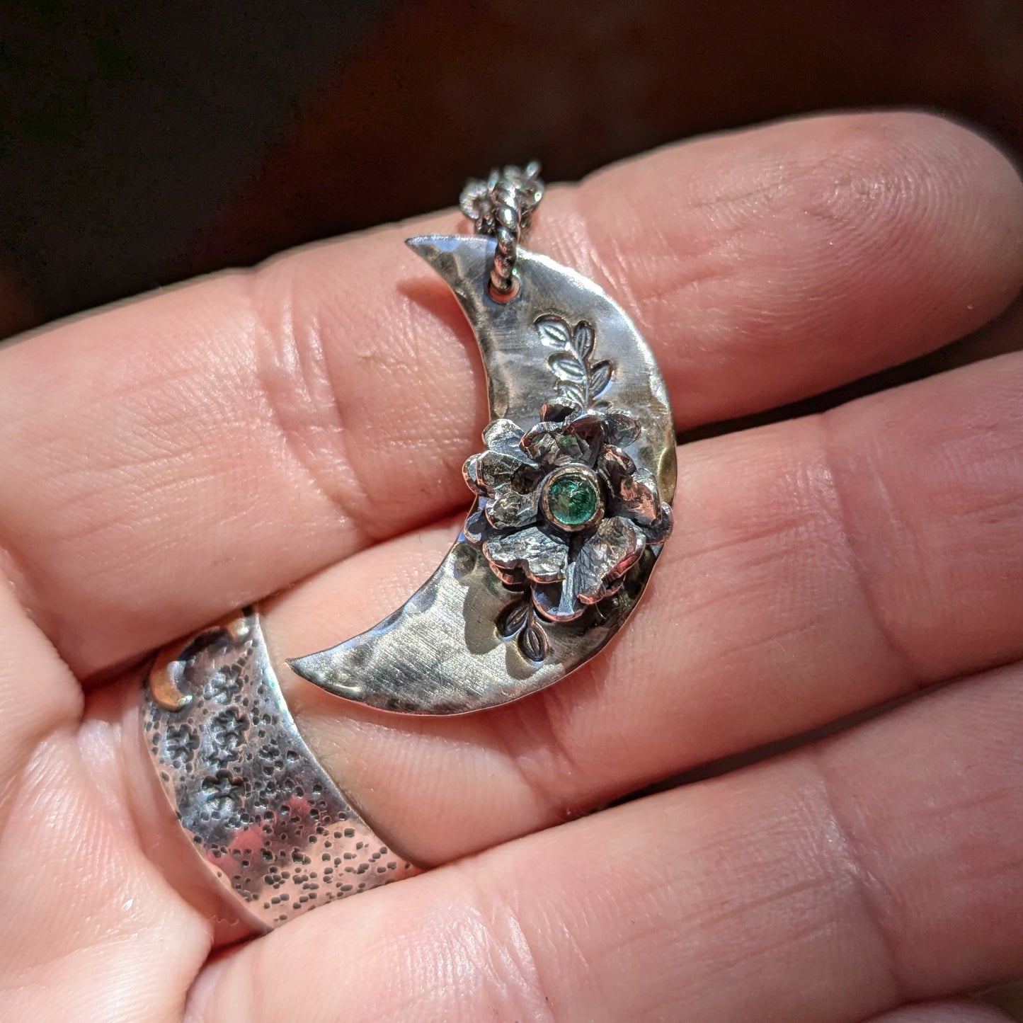 EMERALD Floral Crescent Necklace | 925 Sterling Silver Handcrafted Crescent Moon Flower Pendant Necklace