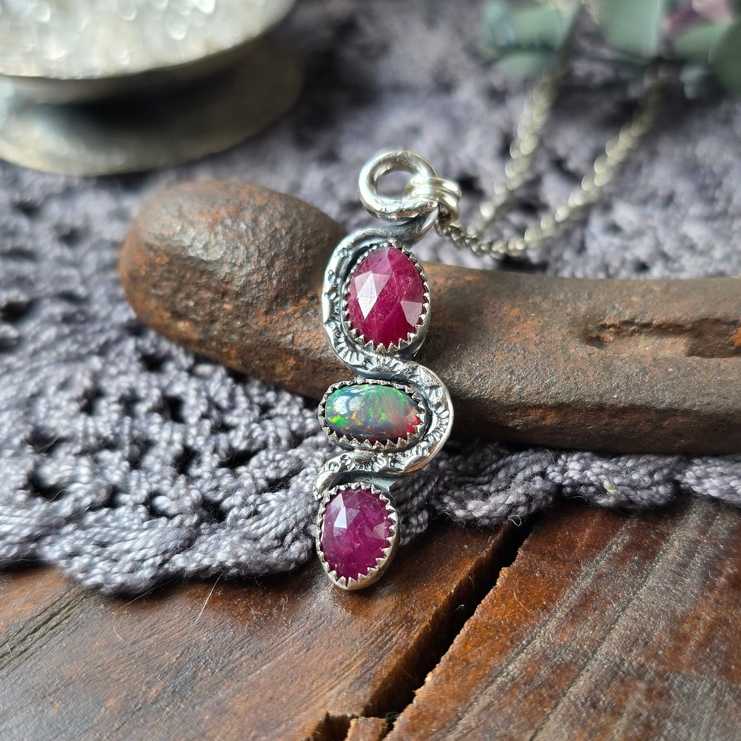 RUBY OPAL SNAKE Charmer Necklace | 925 Sterling Silver Rose Cut Faceted Ruby Smoke Welo Black Opal Tribal Serpent Pendant Necklace