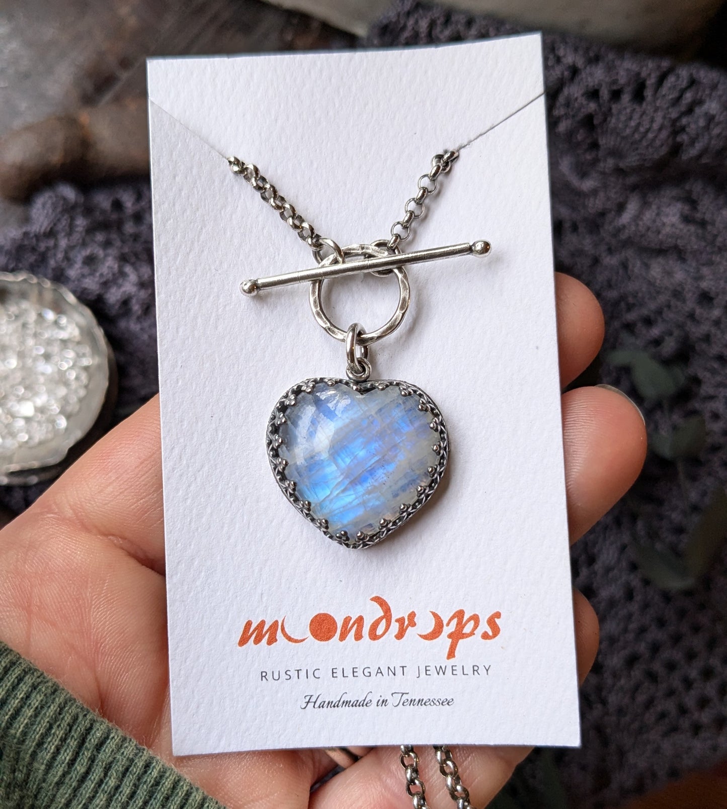 MOONSTONE HEART Necklace | 925 Sterling Silver Blue Flashing White Moonstone Heart Toggle Necklace | Fancy Inverted Heart Gallery Bezel