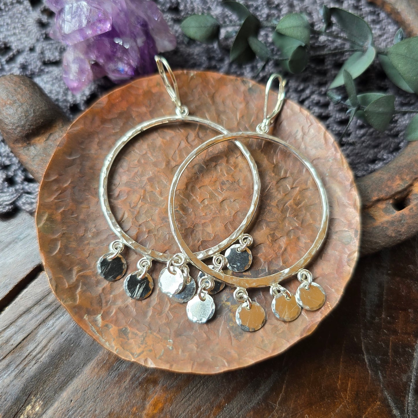 GYPSET SEQUIN Dangle Hoops | 925 Sterling Silver or 14k Gold Filled Hammered Hoop Dangle Disc Lever Back Earrings