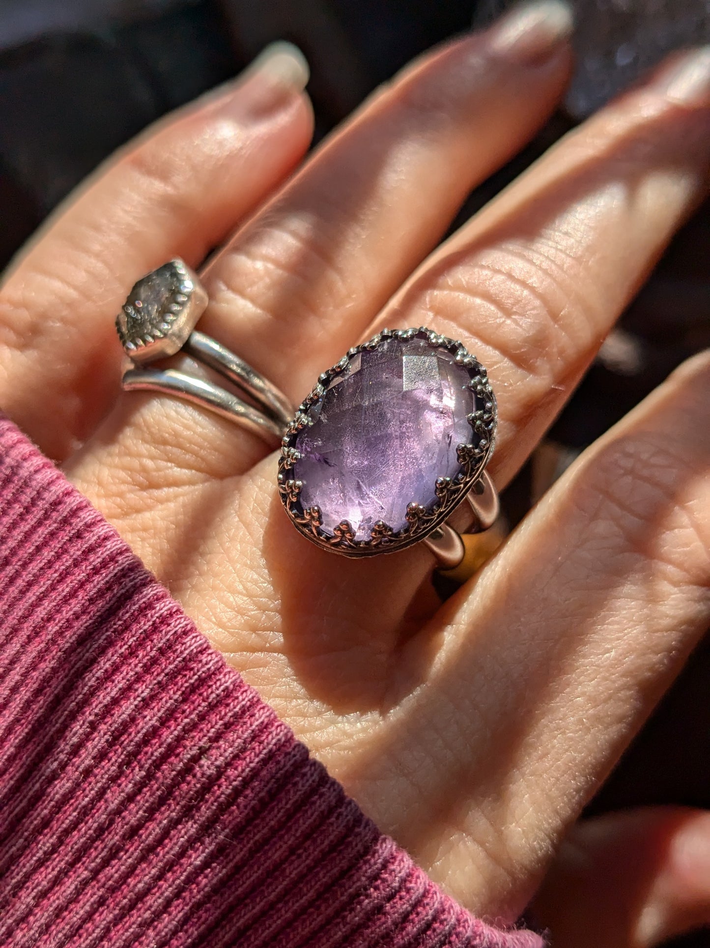 AMETHYST Ring | 925 Sterling Silver Inverted Heart Fancy Gallery Bezel Natural Rose Cut Amethyst Ring