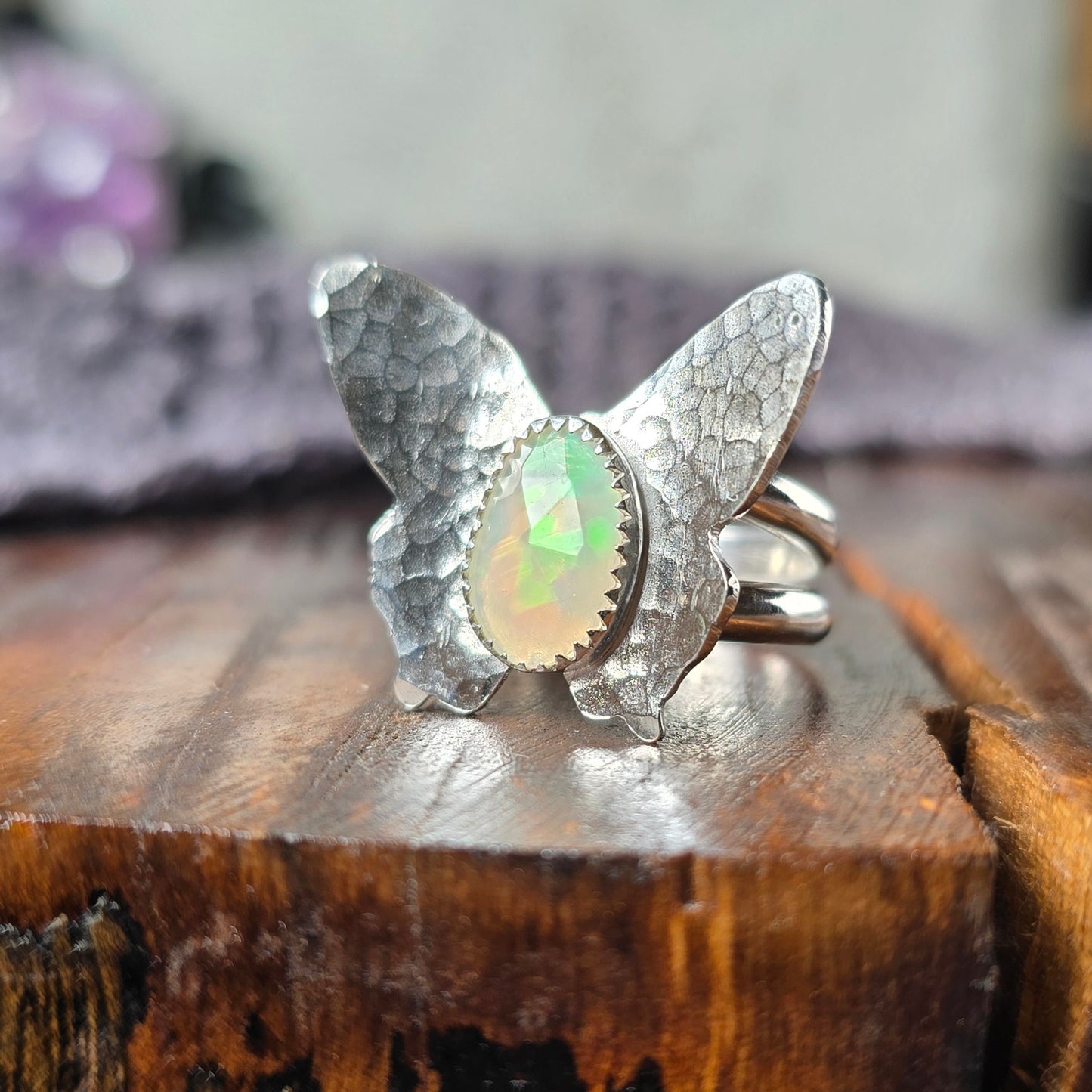 OPAL BUTTERFLY Ring | Fine & 925 Sterling Silver Rose Cut Faceted Welo Opal Hammered Butterfly Ring | Size 8 or Made to Order