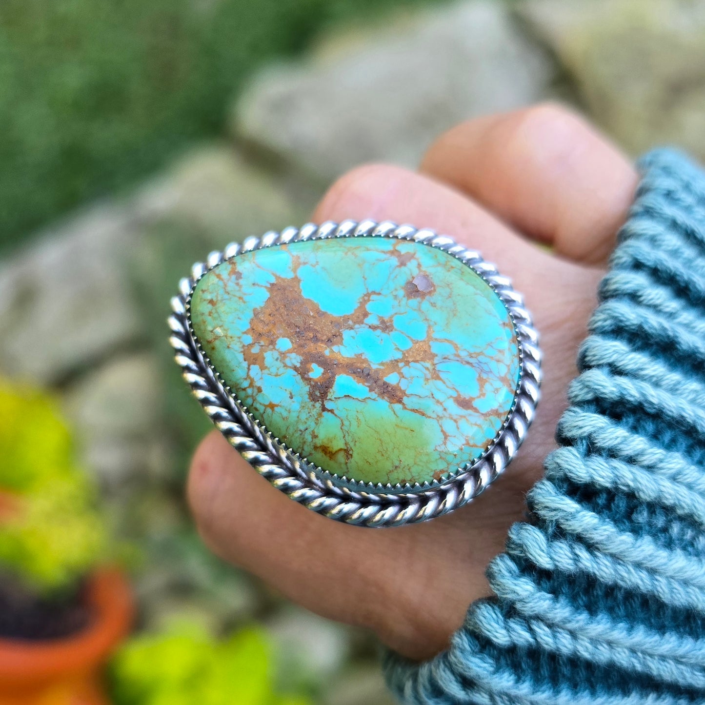 TURQUOISE Ring | Large American Mined Natural Kingman Arizona Blue Green Brown Matrix 925 Sterling Silver Statement Ring | Size 8.75 - 9.25