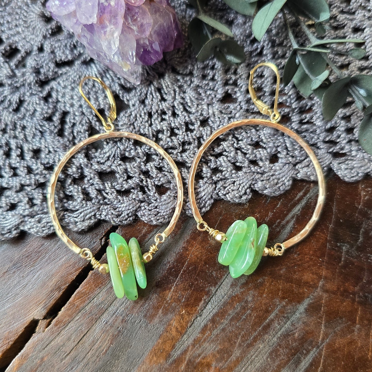 CHRYSOPRASE Gold Dangle Hoops | 14k Gold Filled Lever Back Hammered Wire Wrapped Natural Stone Hoop Earrings