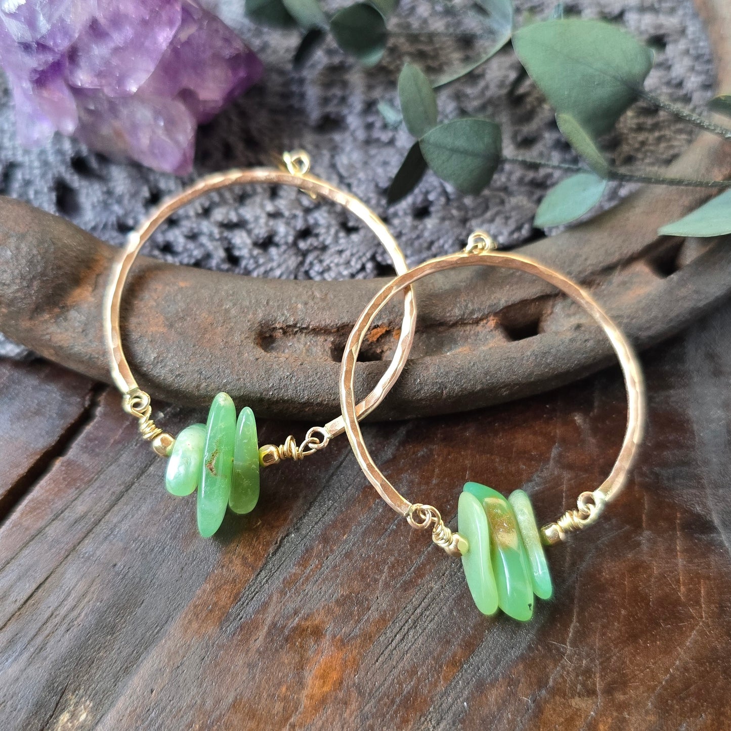 CHRYSOPRASE Gold Dangle Hoops | 14k Gold Filled Lever Back Hammered Wire Wrapped Natural Stone Hoop Earrings