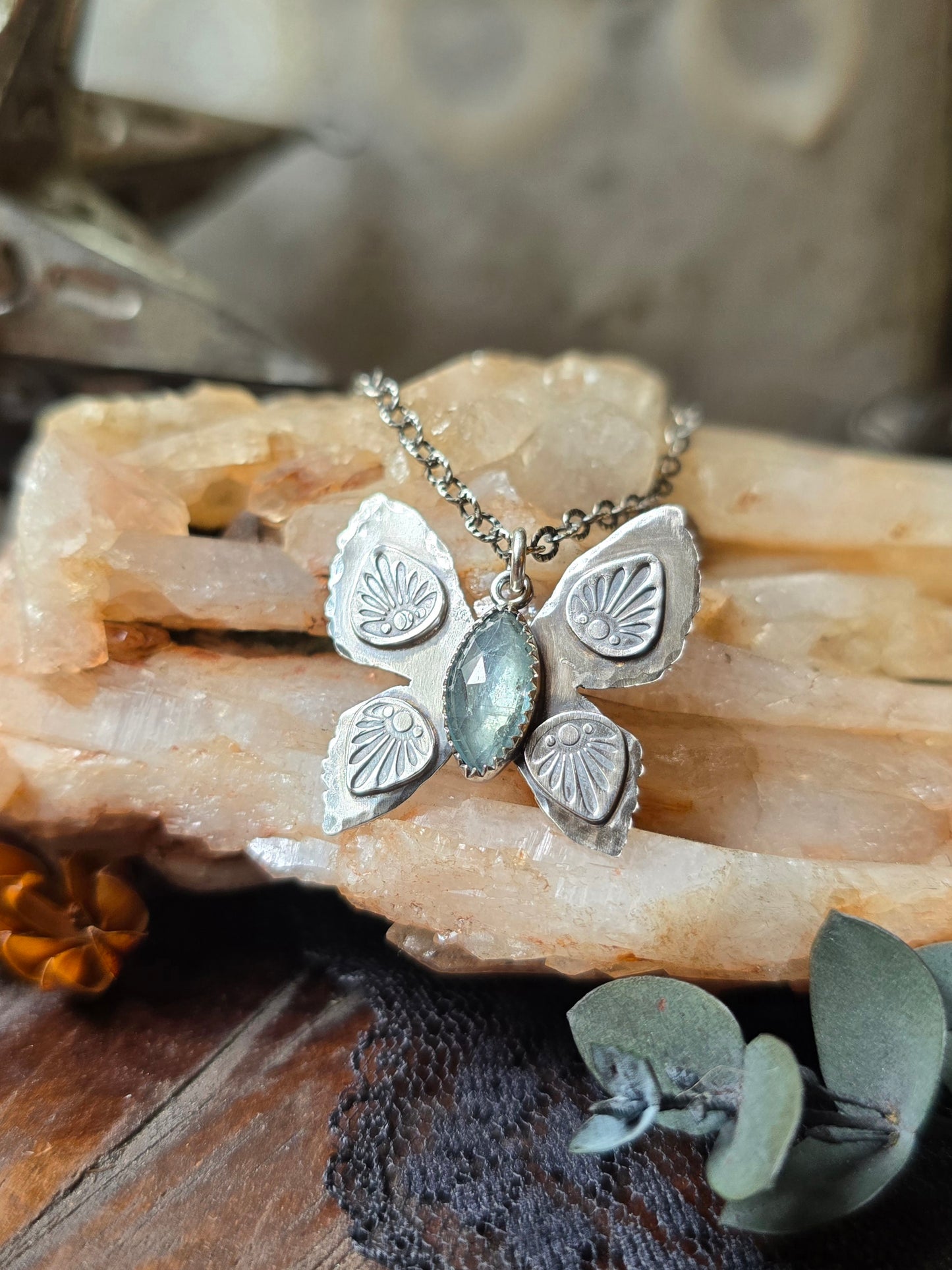 KYANITE BUTTERFLY Necklace | Rose Cut Faceted Paraiba Kyanite Handcrafted Tribal Butterfly Oxidized Sterling Silver Pendant Necklace