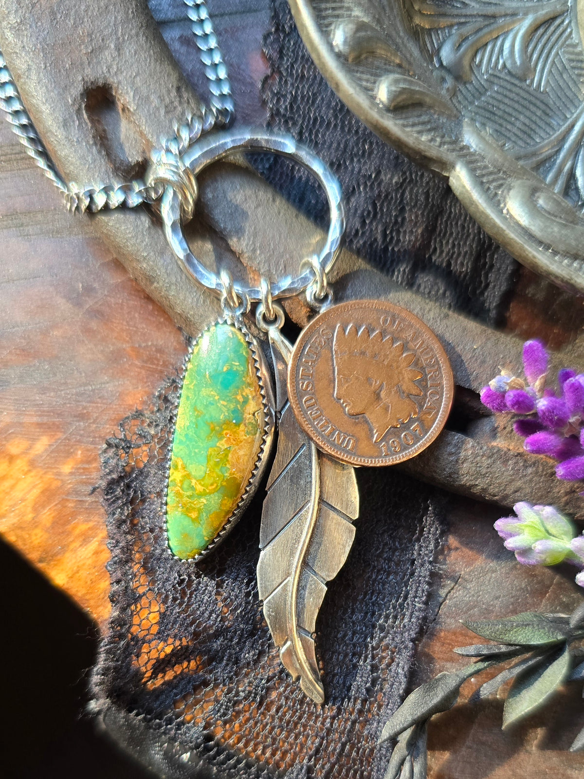 TURQUOISE INDIAN FEATHER Charm Necklace | Hancrafted Sterling Silver Stone Mountain Geniune Crescent Moon Turquoise Authentic Copper 1907
