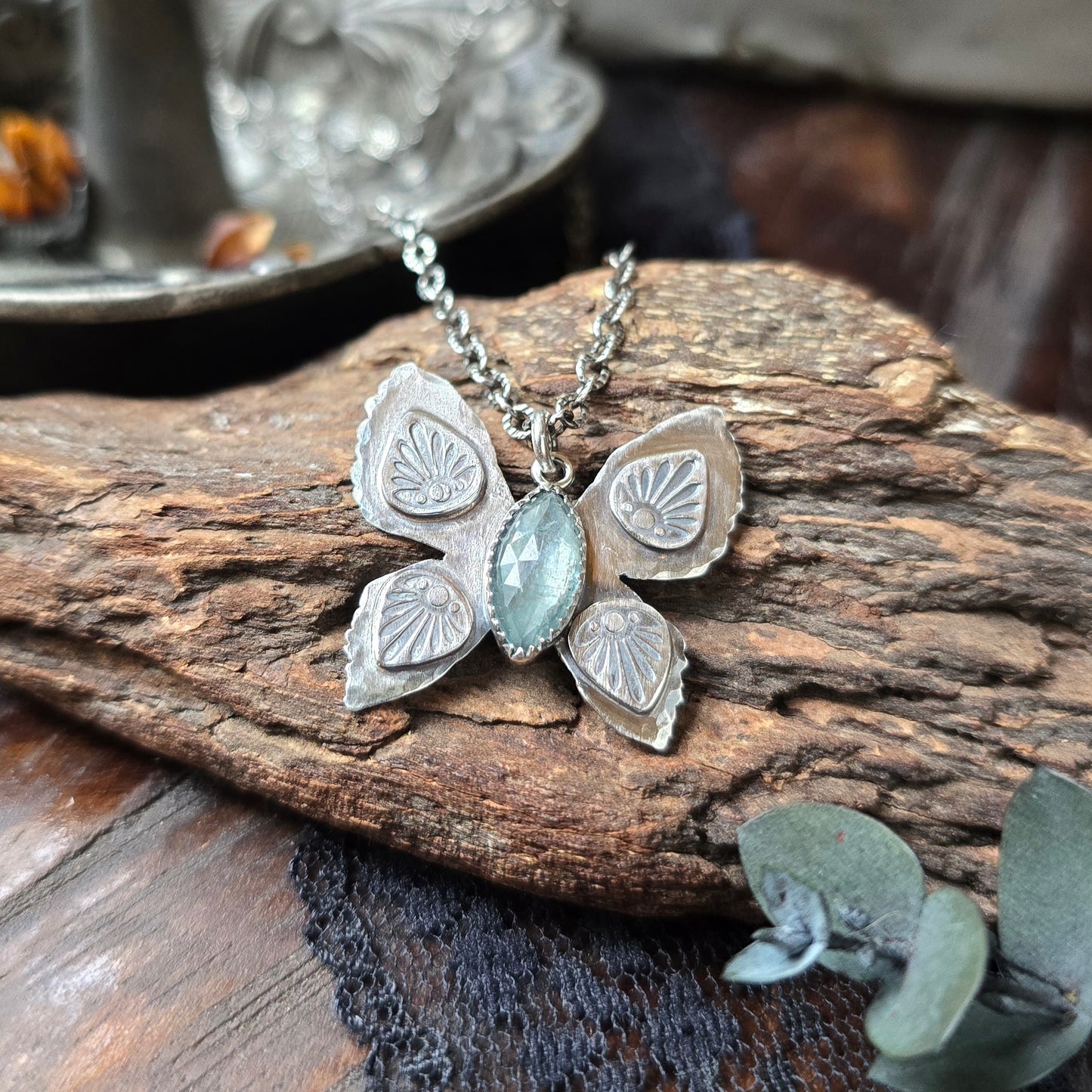 KYANITE BUTTERFLY Necklace | Rose Cut Faceted Paraiba Kyanite Handcrafted Tribal Butterfly Oxidized Sterling Silver Pendant Necklace