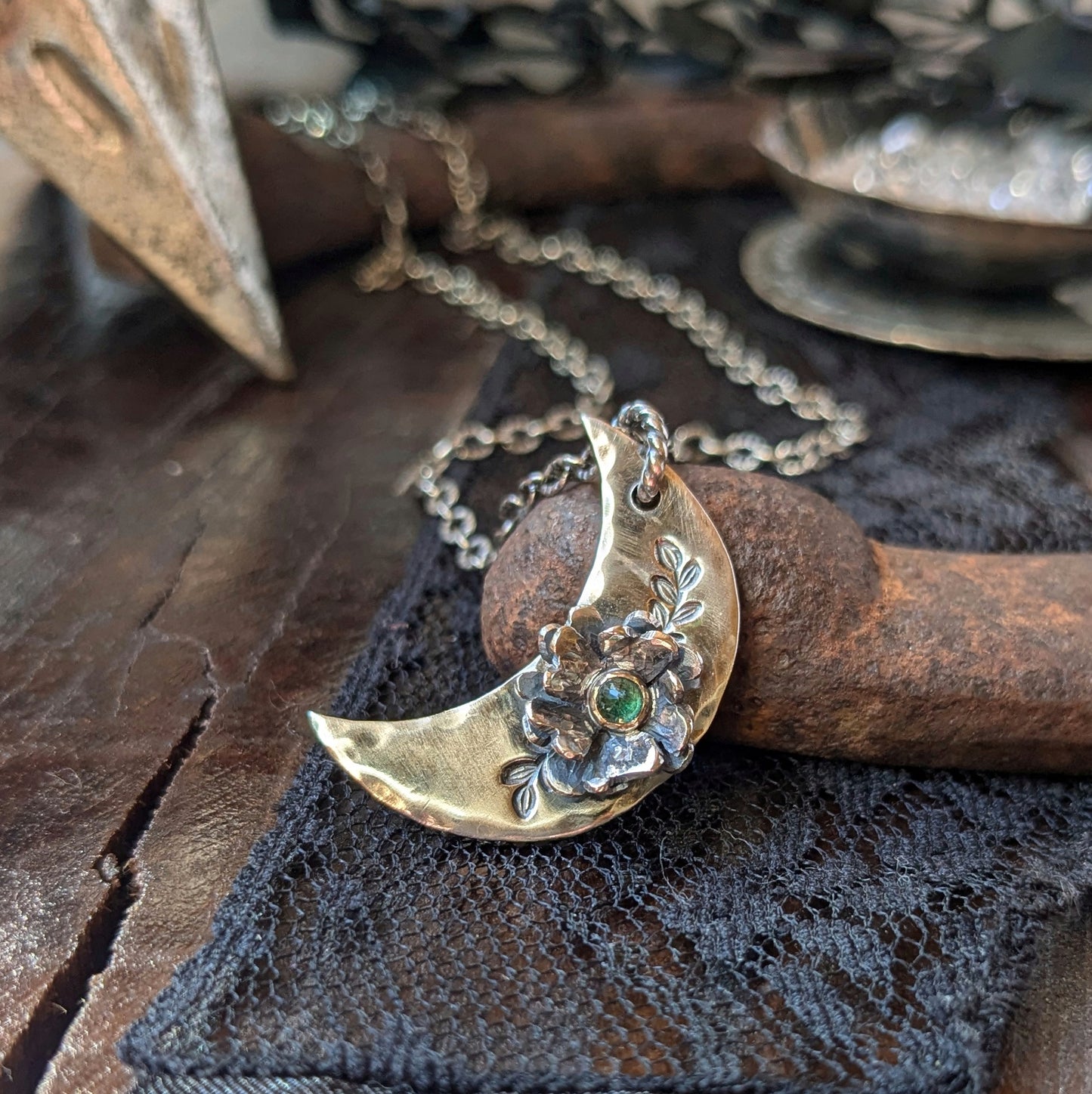 EMERALD Floral Crescent Necklace | 925 Sterling Silver Handcrafted Crescent Moon Flower Pendant Necklace