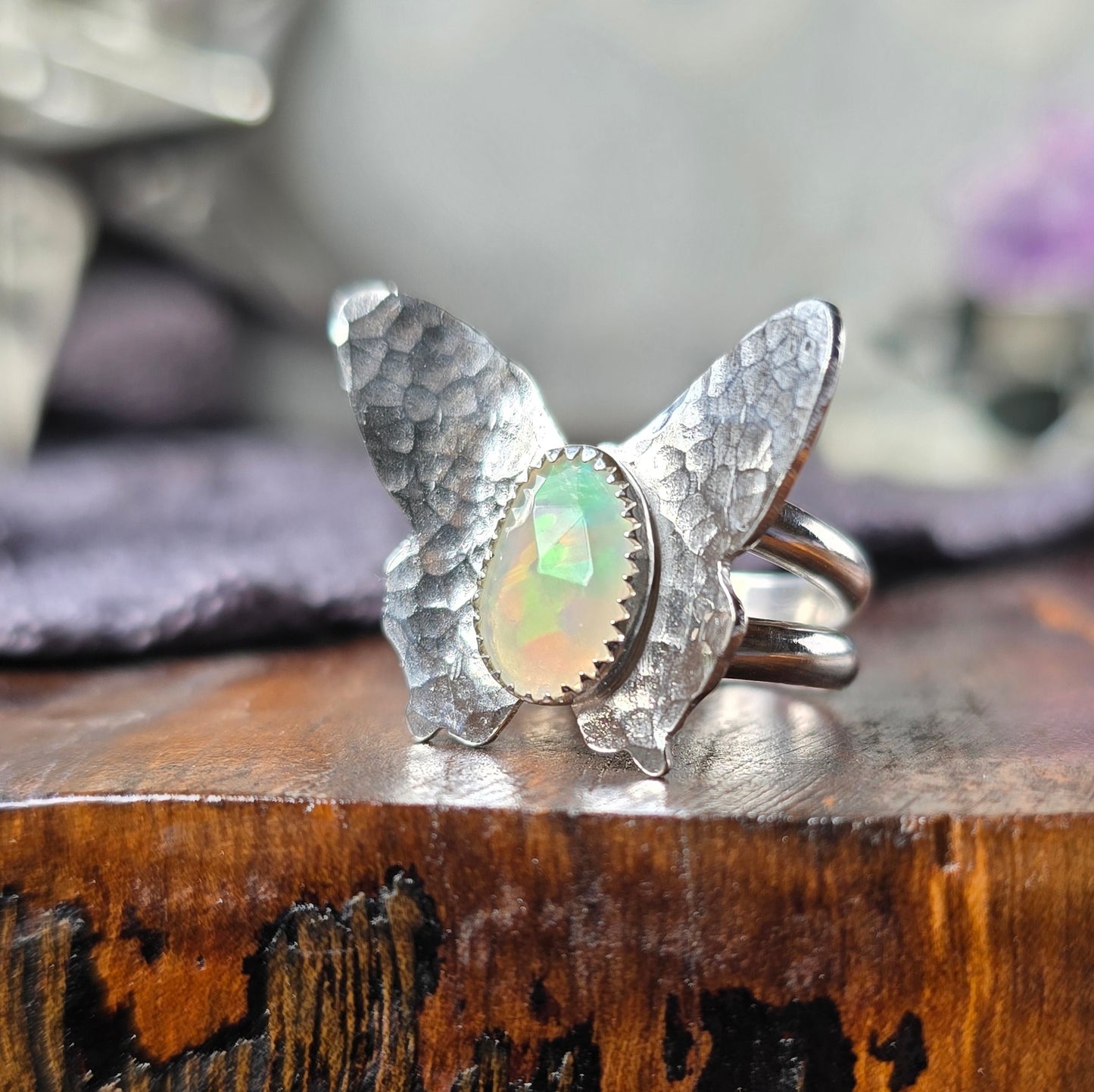 OPAL BUTTERFLY Ring | Fine & 925 Sterling Silver Rose Cut Faceted Welo Opal Hammered Butterfly Ring | Size 8 or Made to Order