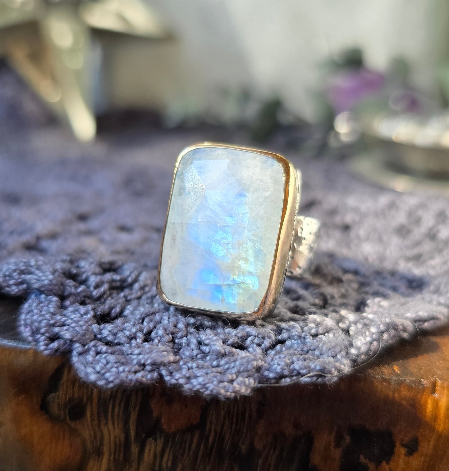 MOONSTONE Ring | Rose Cut Faceted White Flashing Mixed Metal 14k Gold Filled & 925 Sterling Silver Moonstone Crescent Moon Star Band