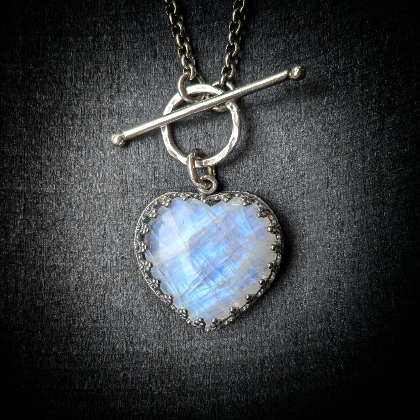 MOONSTONE HEART Necklace | 925 Sterling Silver Blue Flashing White Moonstone Heart Toggle Necklace | Fancy Inverted Heart Gallery Bezel