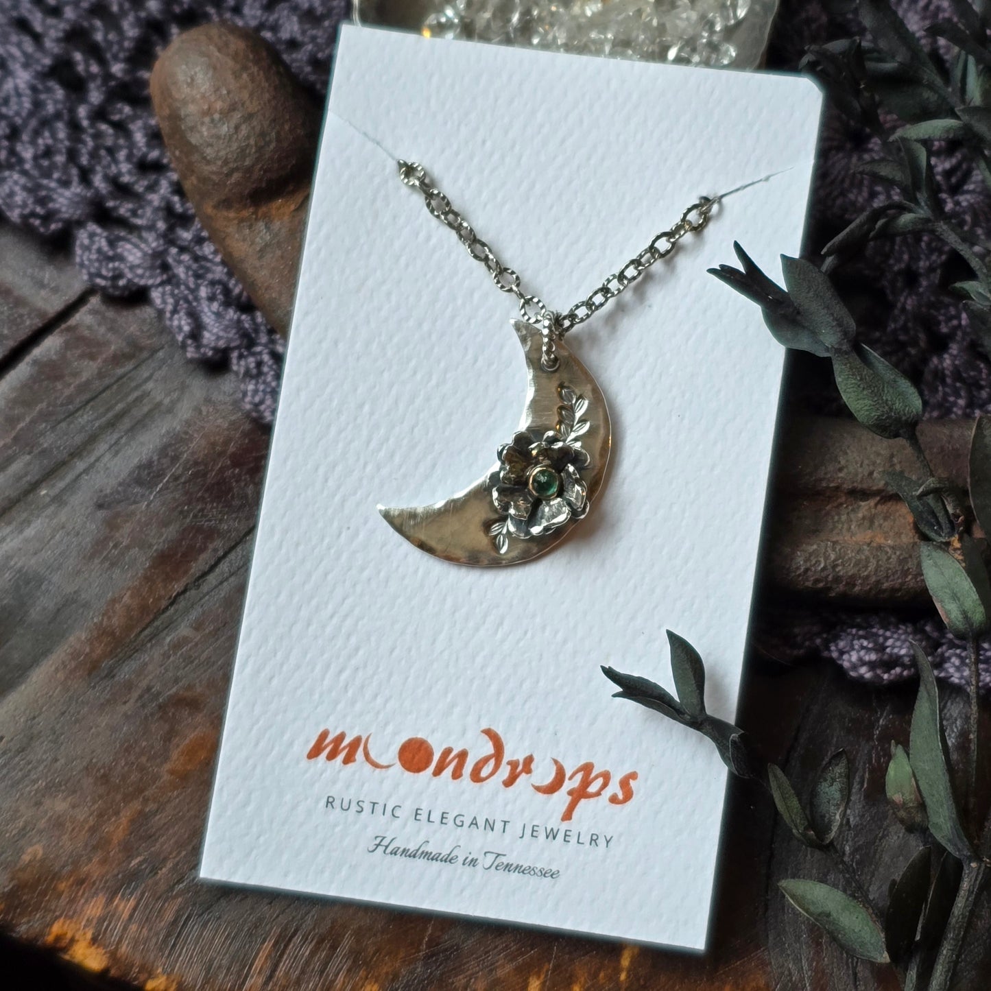 EMERALD Floral Crescent Necklace | 925 Sterling Silver Handcrafted Crescent Moon Flower Pendant Necklace