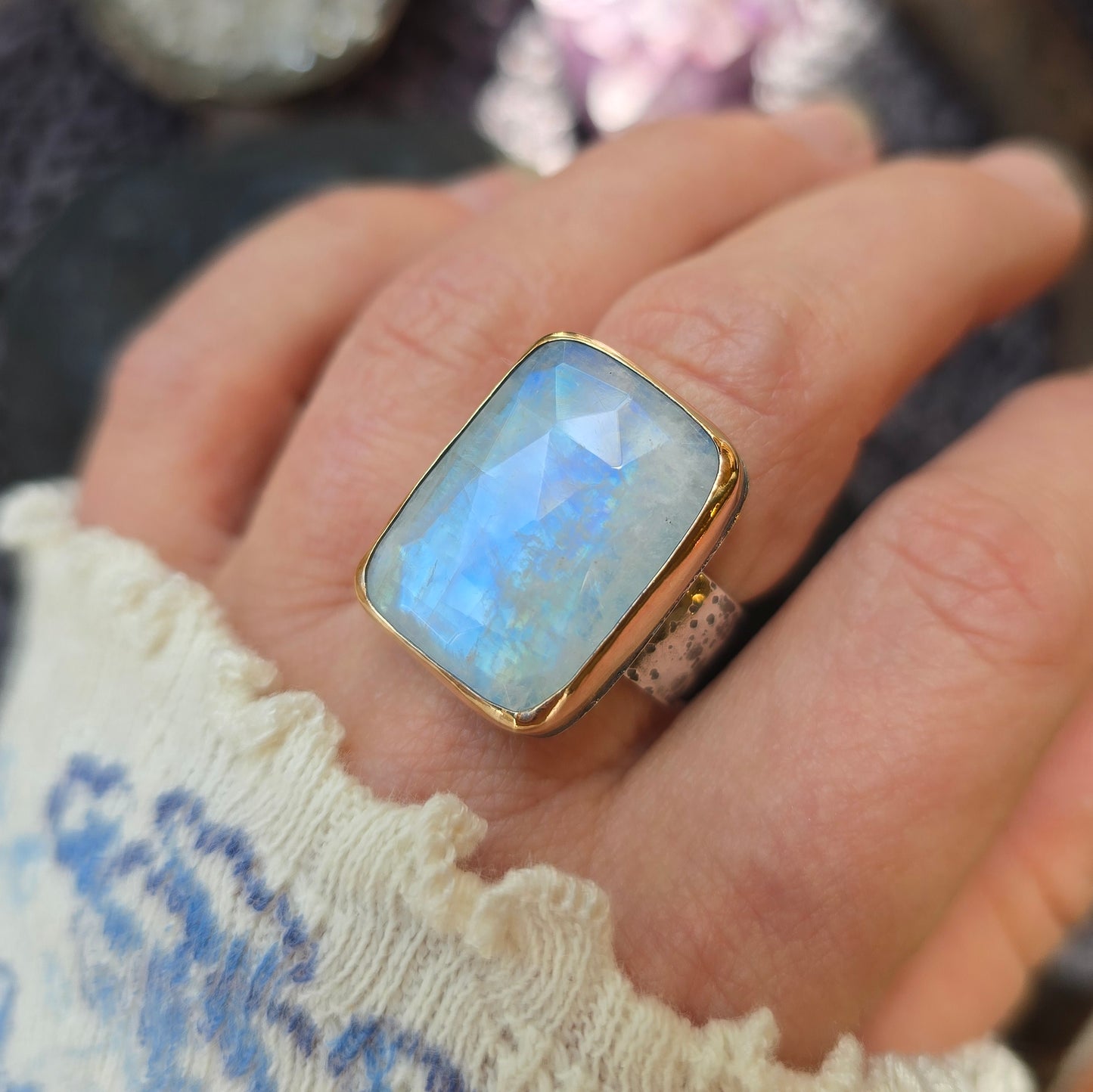 MOONSTONE Ring | Rose Cut Faceted White Flashing Mixed Metal 14k Gold Filled & 925 Sterling Silver Moonstone Crescent Moon Star Band