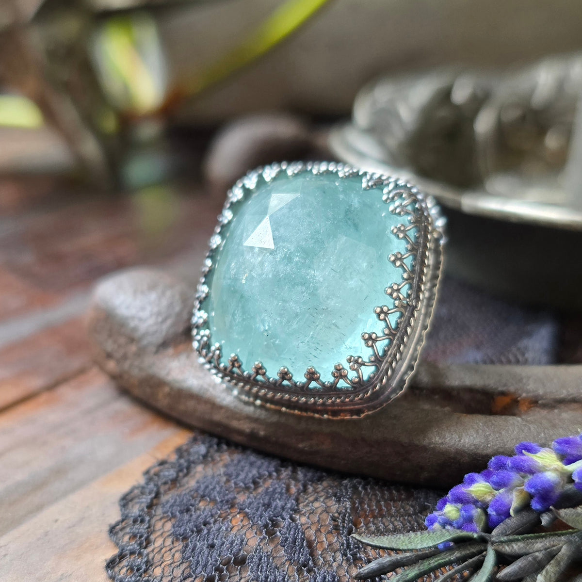 AQUAMARINE Ring | 62 Cts Handcrafted 925 Sterling Silver Large Rose Cushion Cut Faceted Blue Beryl Square High Profile Cocktail Statement