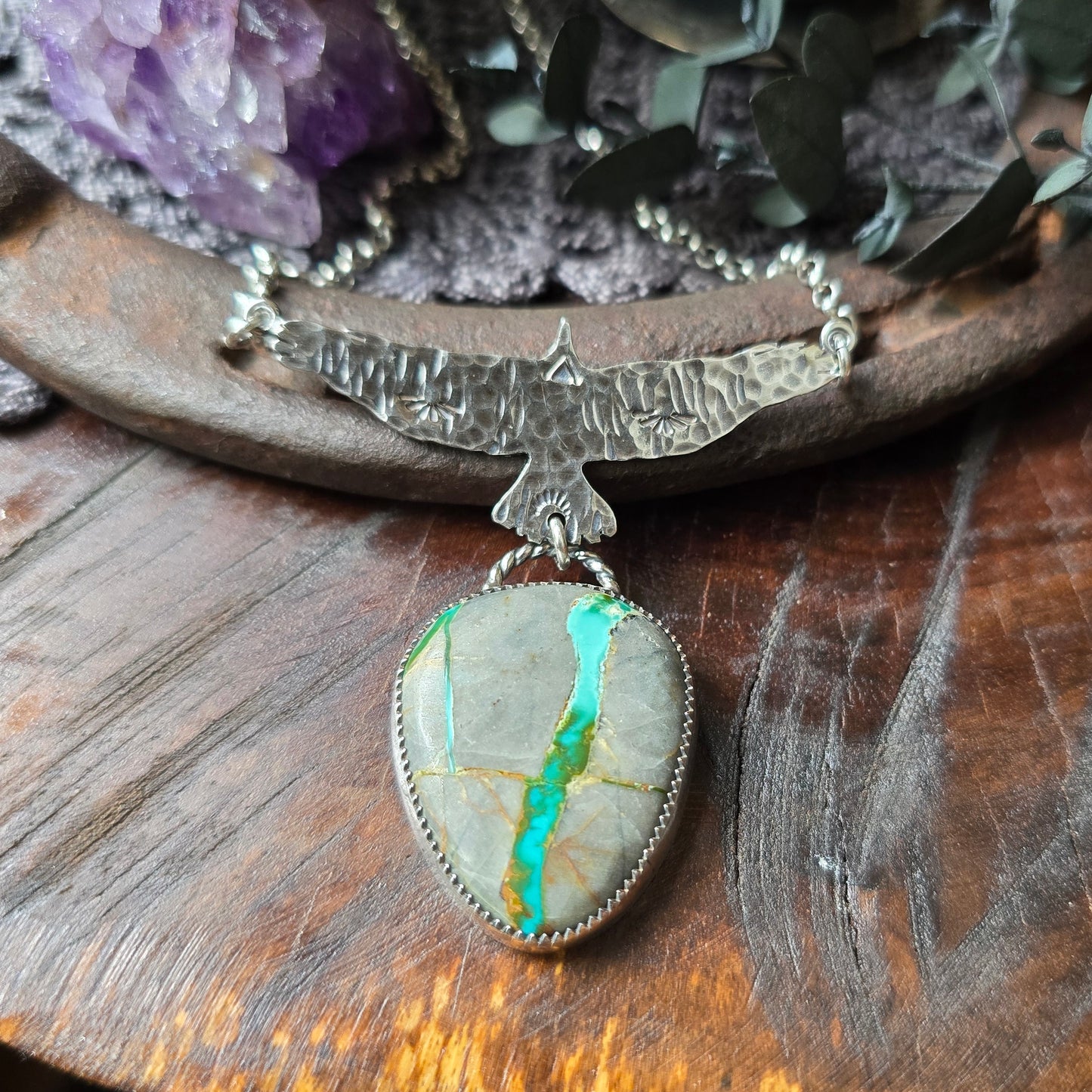 TURQUOISE HAWK Necklace | Boulder Nevada Ribbon Turquoise | 925 Sterling Silver Hawk Necklace | Southwest Native American Inspired Jewelry