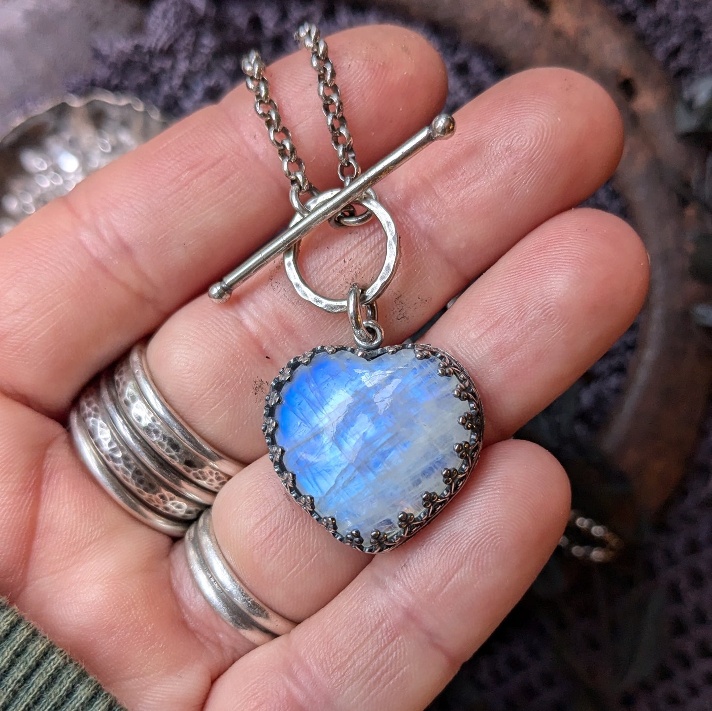 MOONSTONE HEART Necklace | 925 Sterling Silver Blue Flashing White Moonstone Heart Toggle Necklace | Fancy Inverted Heart Gallery Bezel