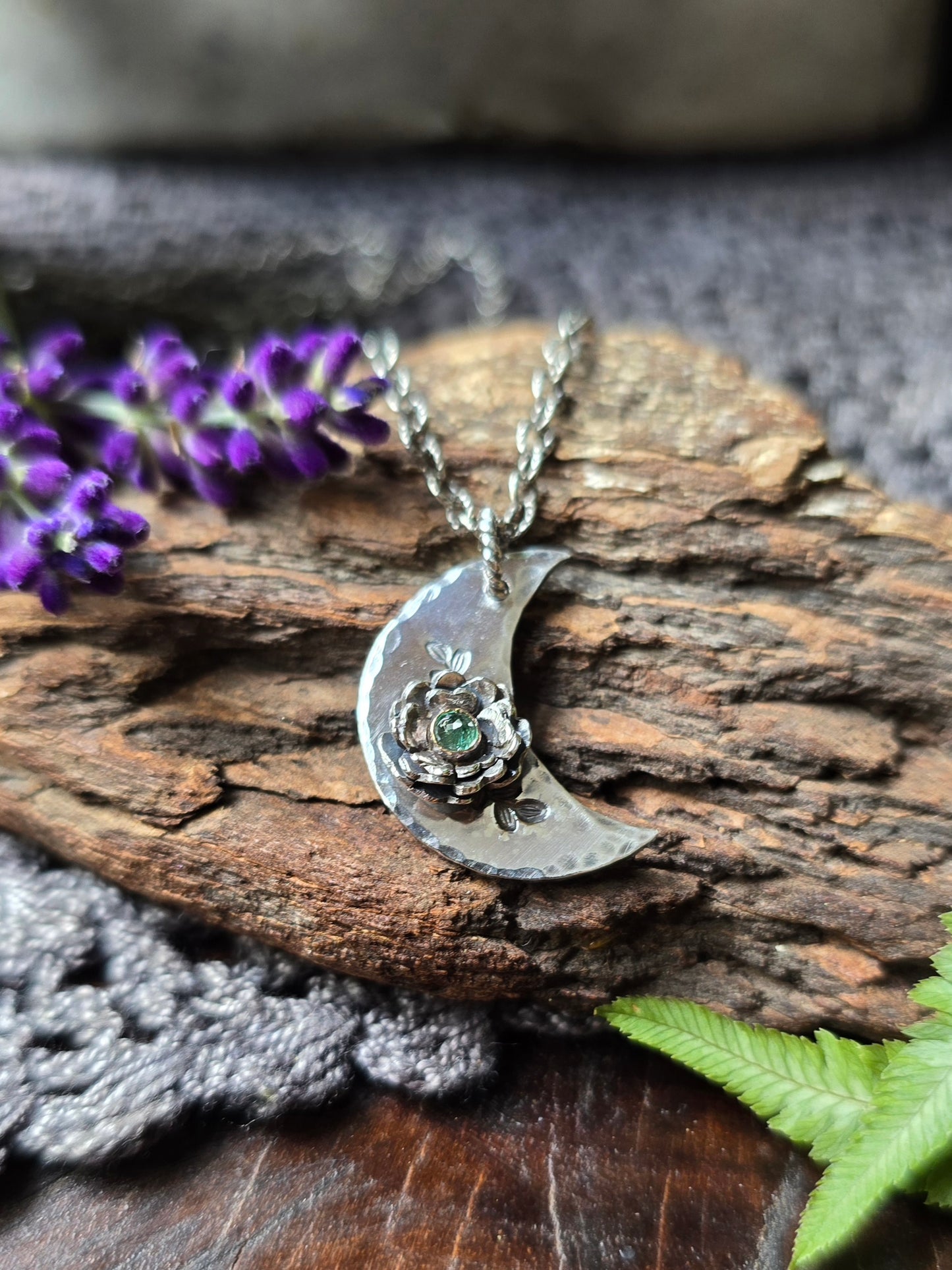 EMERALD Floral Crescent Necklace | 925 Sterling Silver Handcrafted Crescent Moon Flower Pendant Necklace