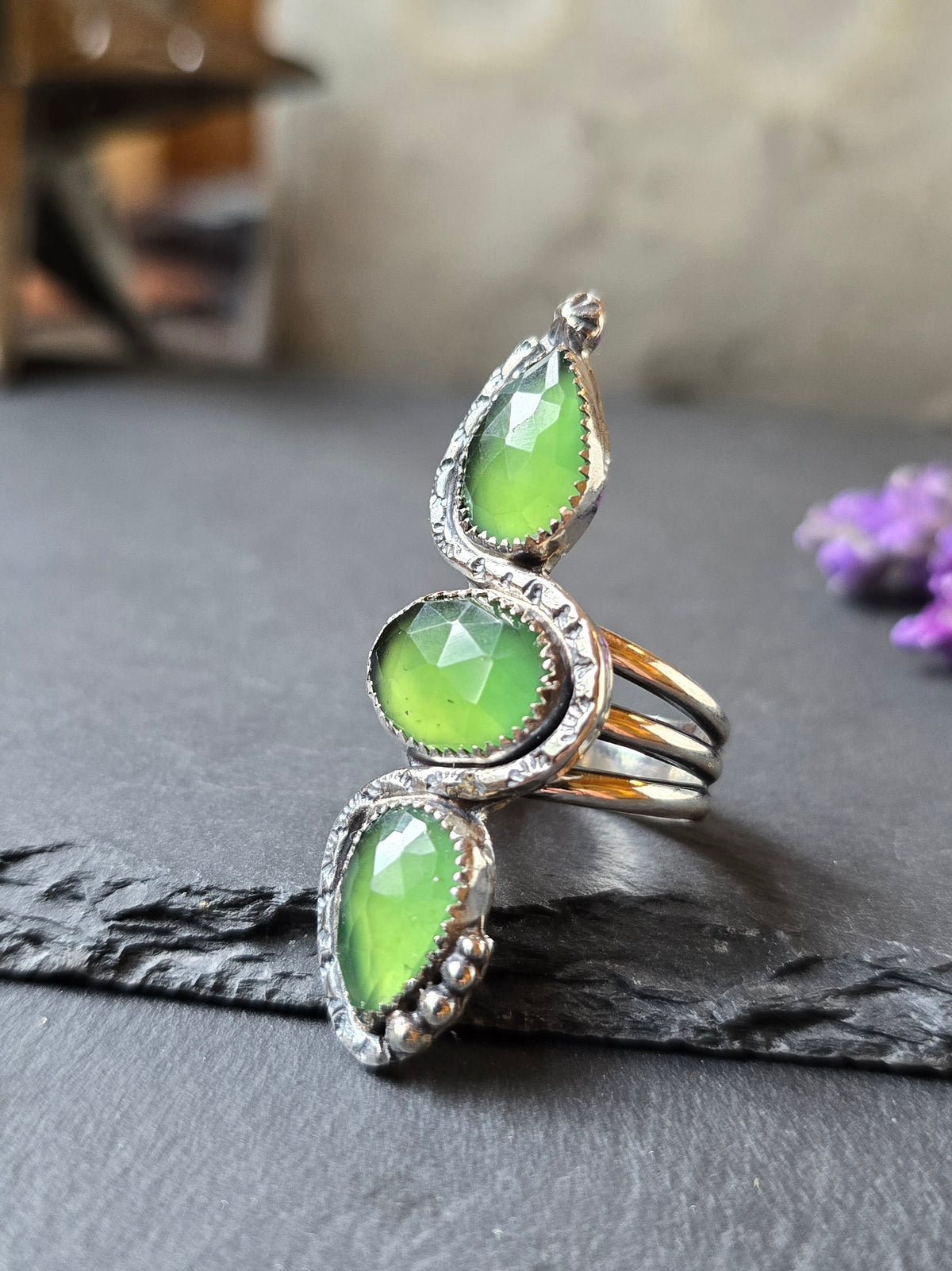 SERPENTINE Ring | Handcrafted 925 Sterling Silver Rose Cut Faceted Natural Green Serpentine Tribal Sun Snake Vertical Serpent Finger Ring