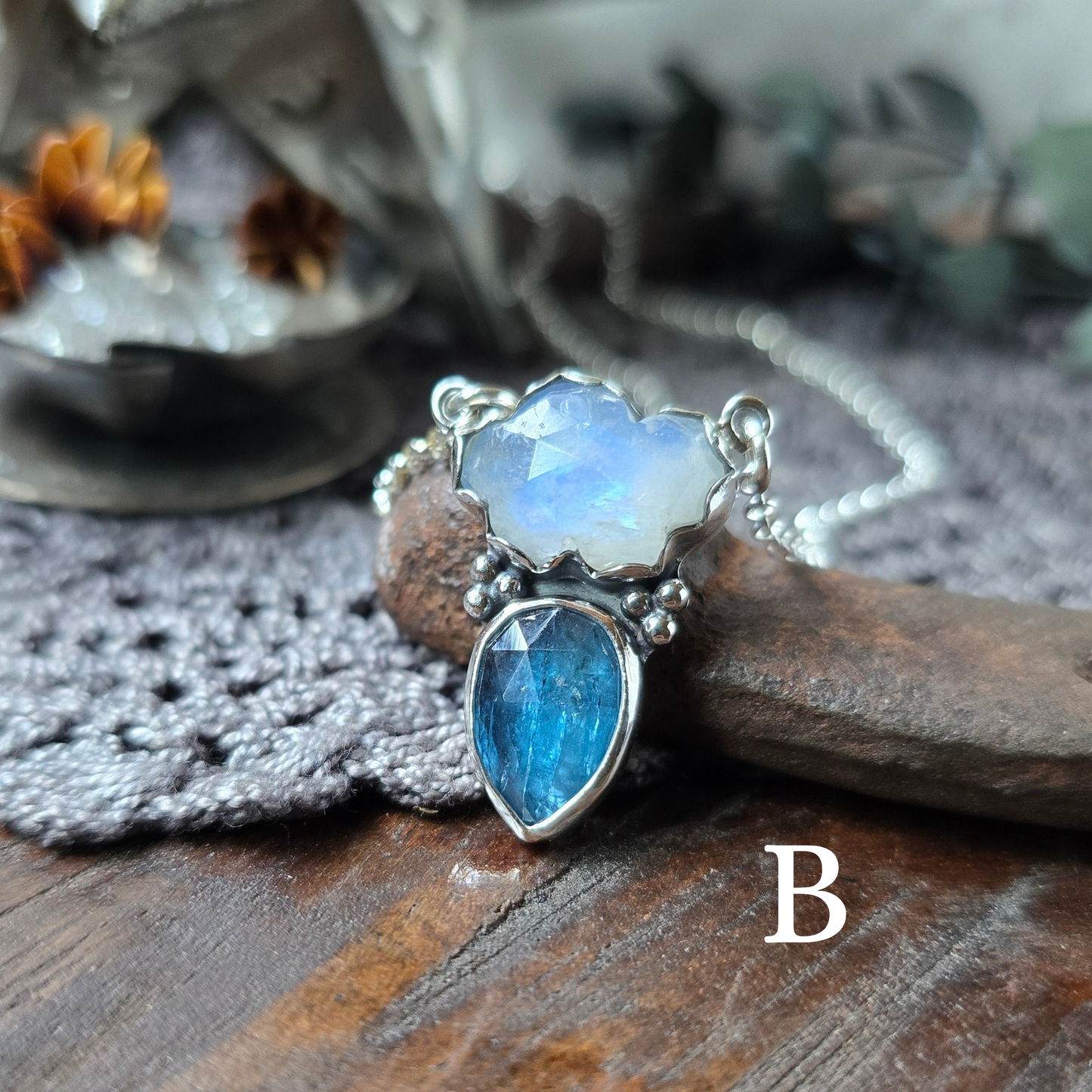 MOONSTONE KYANITE RAINCLOUD Necklace | Fine & 925 Sterling Silver Faceted Rose Cut Moonstone Cloud Blue Kyanite Rain Drop Pendant Necklace
