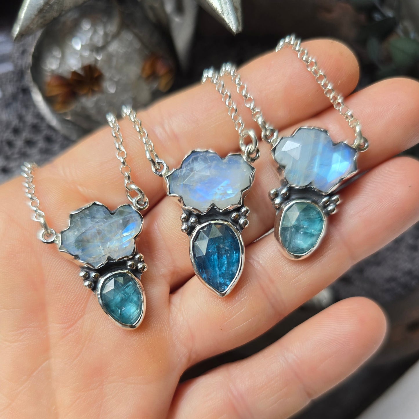 MOONSTONE KYANITE RAINCLOUD Necklace | Fine & 925 Sterling Silver Faceted Rose Cut Moonstone Cloud Blue Kyanite Rain Drop Pendant Necklace