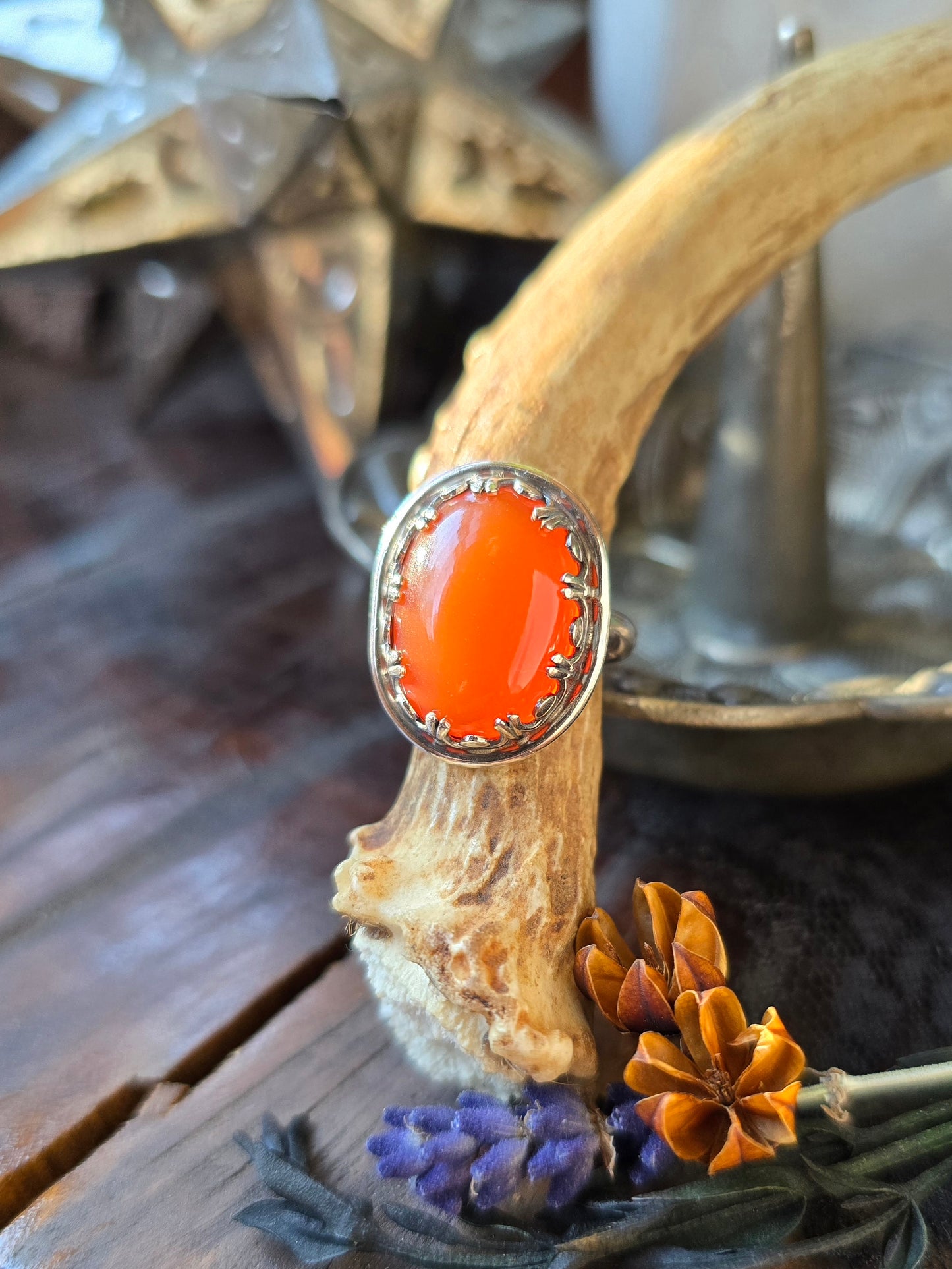 CARNELIAN Ring | Precious 925 Sterling Silver Natural Orange 11 Carat Carnelian Ring Scalloped Swag Fancy Bezel