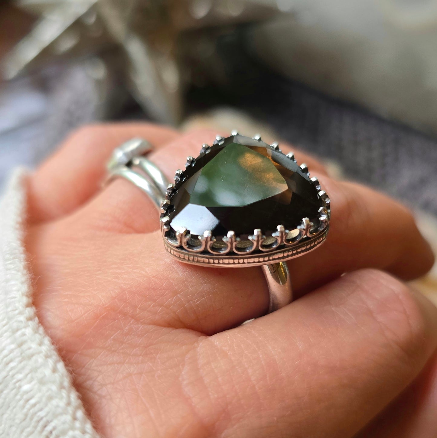 SMOKY QUARTZ Ring | Faceted Trillion Cut 925 Sterling Silver Fancy Filigree Victorian Gothic Rustic Gallery Bezel Large Statement Ring