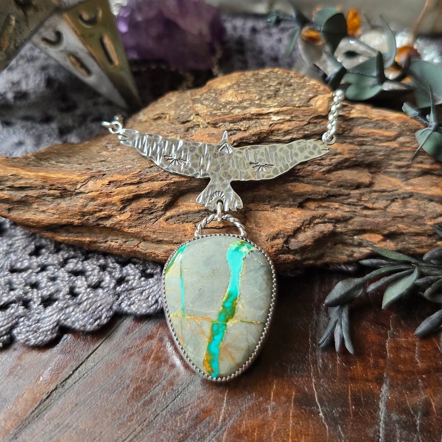 TURQUOISE HAWK Necklace | Boulder Nevada Ribbon Turquoise | 925 Sterling Silver Hawk Necklace | Southwest Native American Inspired Jewelry