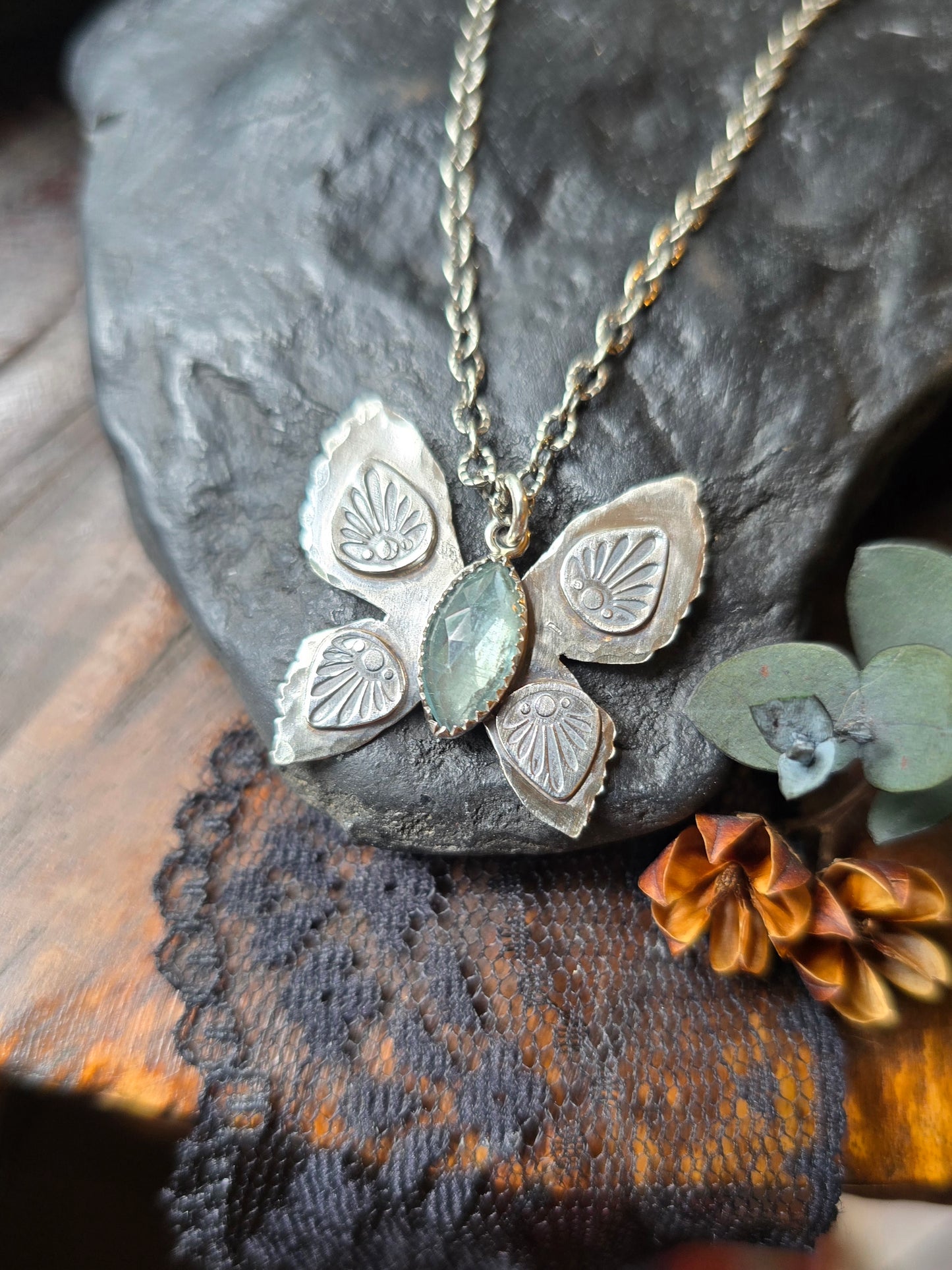 KYANITE BUTTERFLY Necklace | Rose Cut Faceted Paraiba Kyanite Handcrafted Tribal Butterfly Oxidized Sterling Silver Pendant Necklace