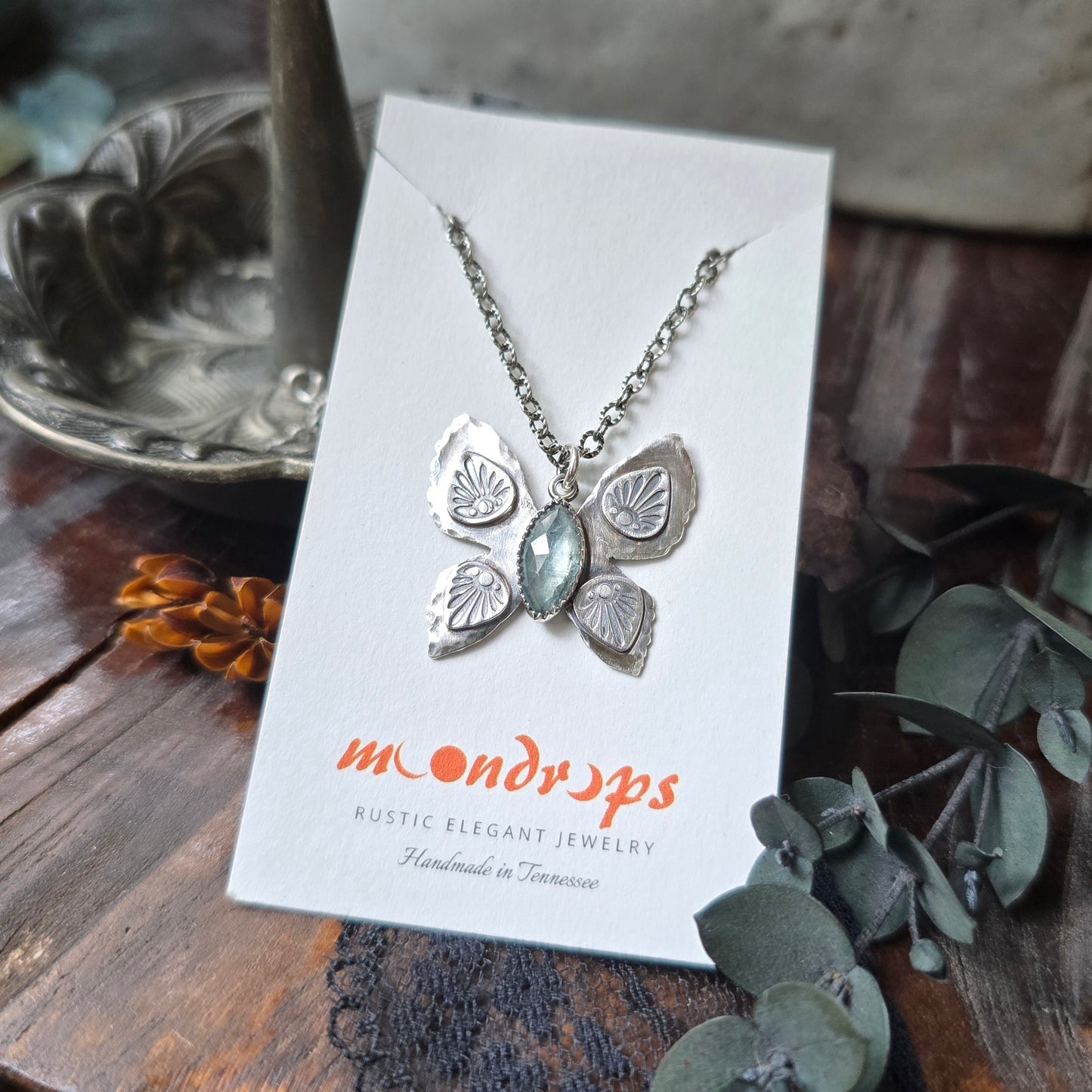 KYANITE BUTTERFLY Necklace | Rose Cut Faceted Paraiba Kyanite Handcrafted Tribal Butterfly Oxidized Sterling Silver Pendant Necklace