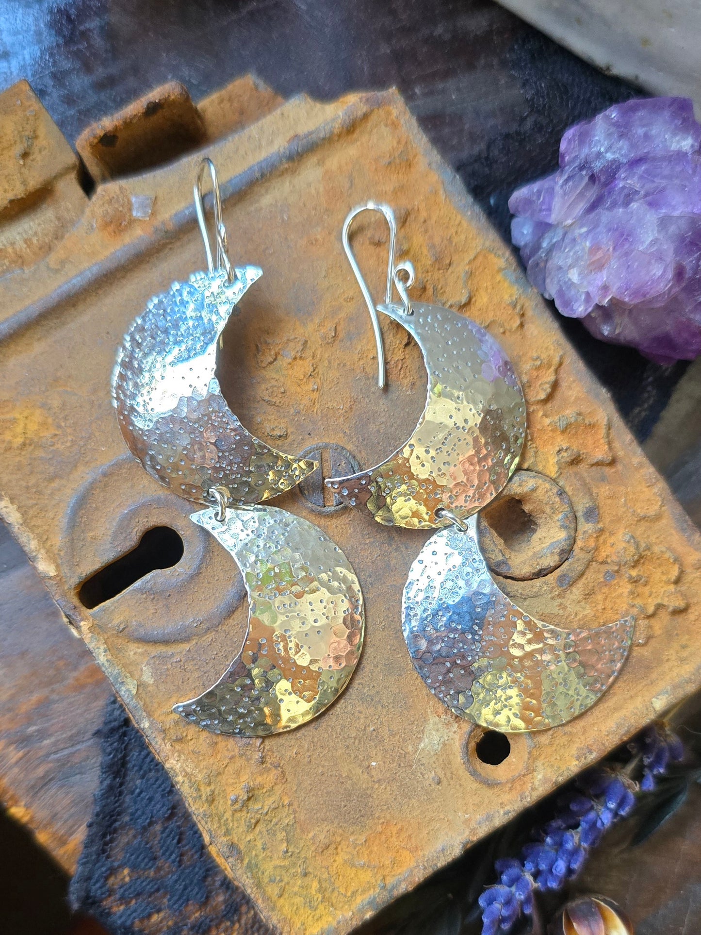 CRESCENT MOON Dangle Earrings | 925 Sterling Silver Double Crescent Textured Hammered Moon Dangle Earrings