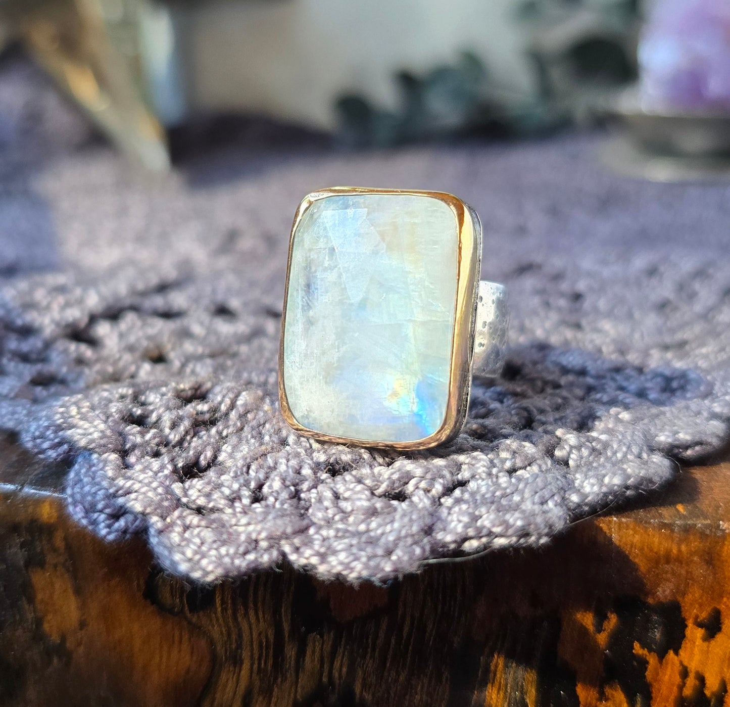 MOONSTONE Ring | Rose Cut Faceted White Flashing Mixed Metal 14k Gold Filled & 925 Sterling Silver Moonstone Crescent Moon Star Band