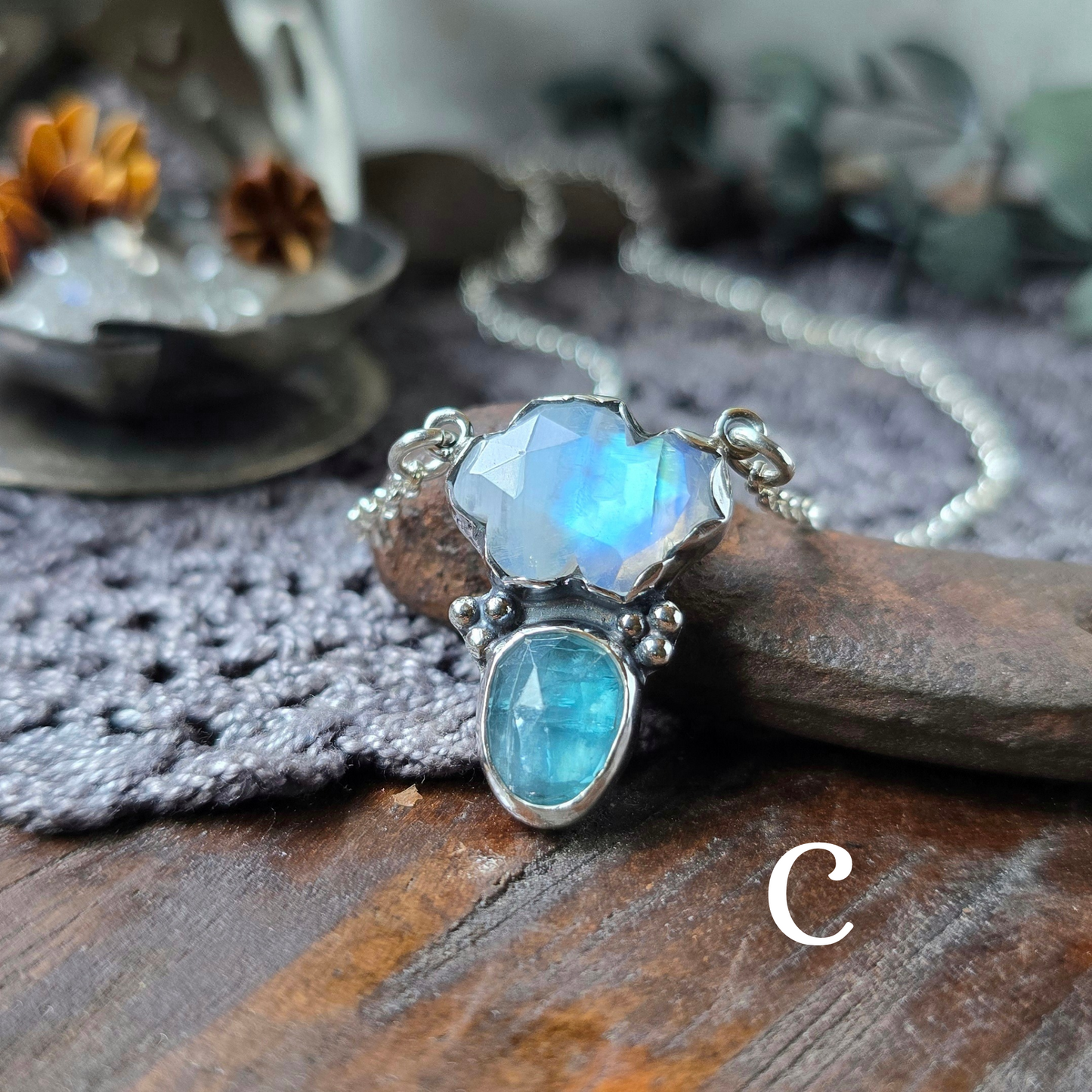 MOONSTONE KYANITE RAINCLOUD Necklace | Fine & 925 Sterling Silver Faceted Rose Cut Moonstone Cloud Blue Kyanite Rain Drop Pendant Necklace