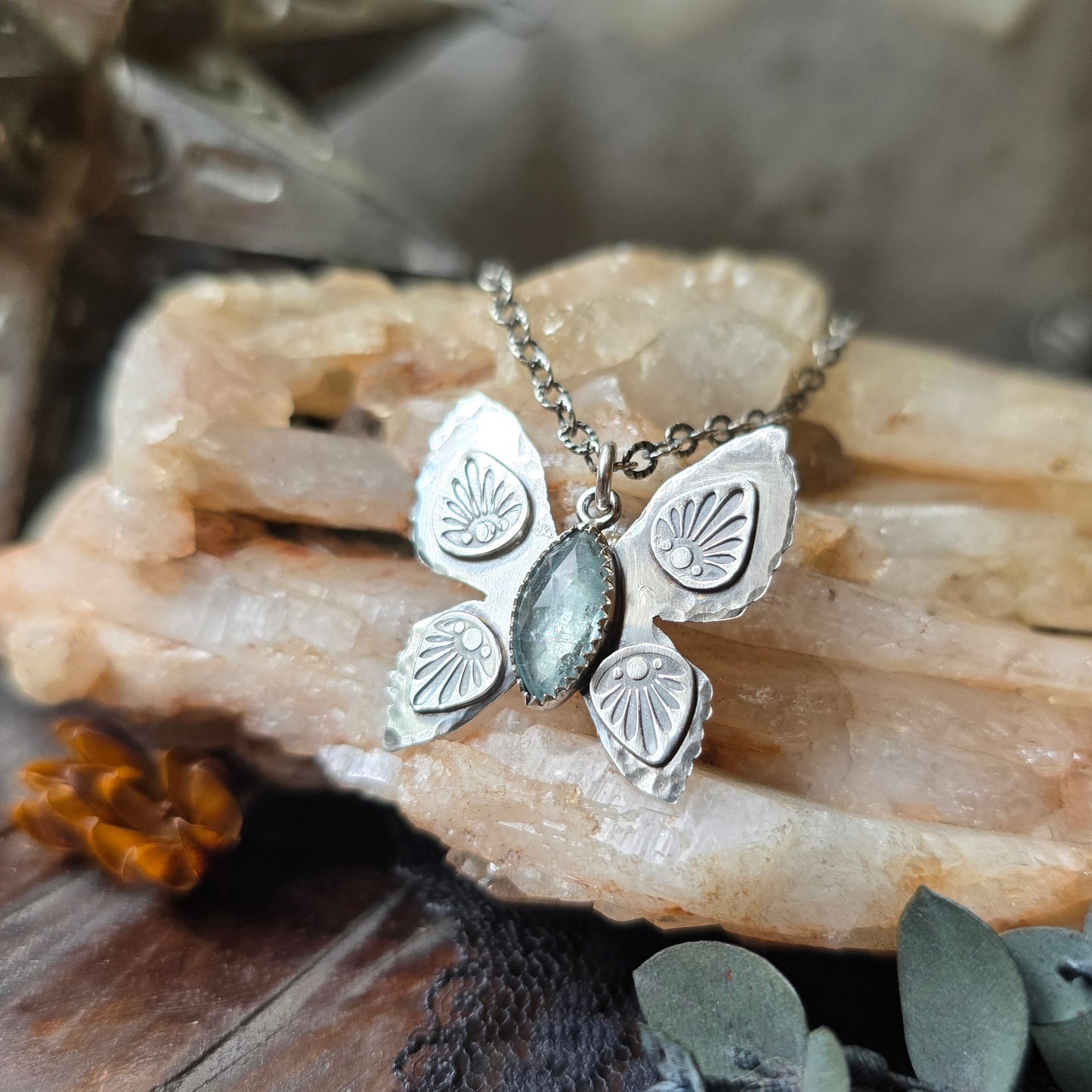 KYANITE BUTTERFLY Necklace | Rose Cut Faceted Paraiba Kyanite Handcrafted Tribal Butterfly Oxidized Sterling Silver Pendant Necklace