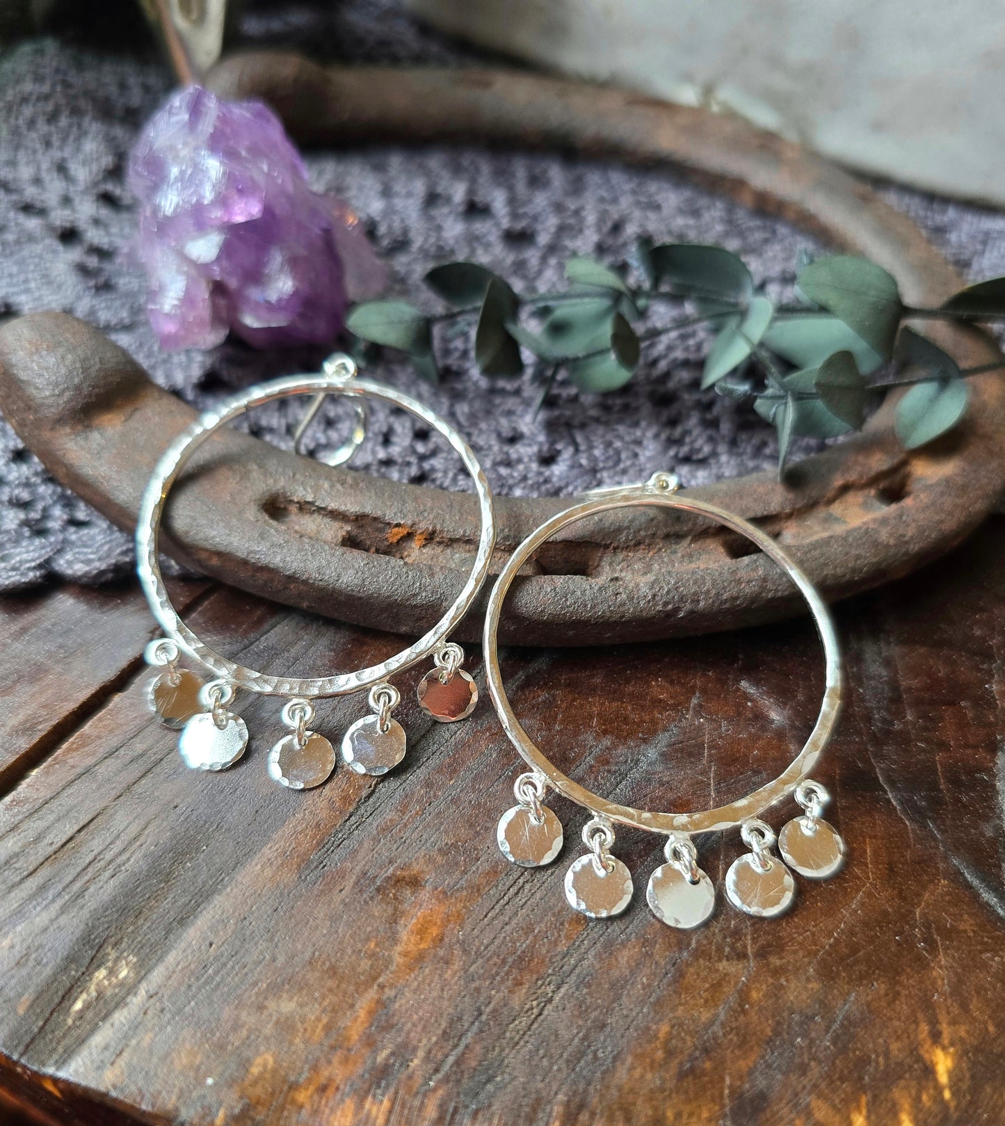 GYPSET SEQUIN Dangle Hoops | 925 Sterling Silver or 14k Gold Filled Hammered Hoop Dangle Disc Lever Back Earrings