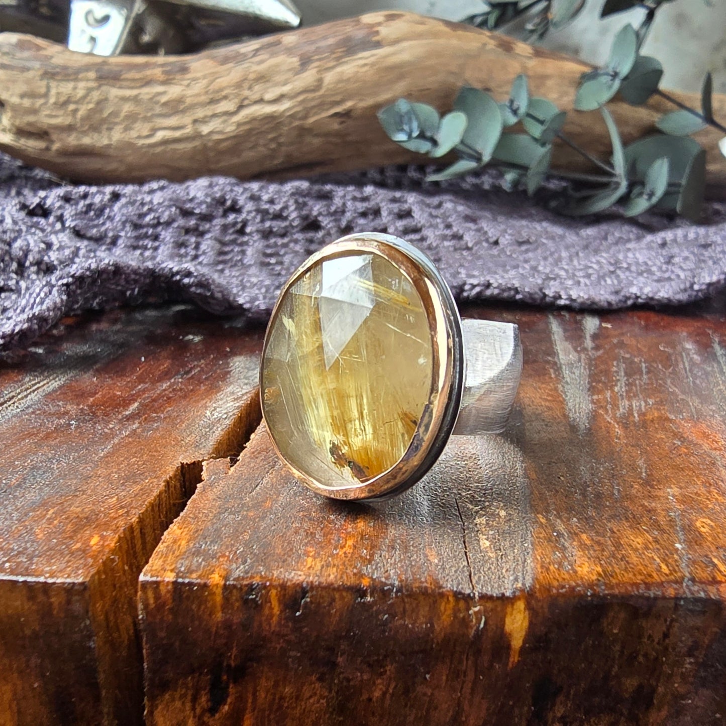 RUTILE QUARTZ Ring | Rose Cut Faceted Golden Rutilated Quartz 14k Gold Filled 925 Sterling Silver Ring | Customized Comfort Fit Domed