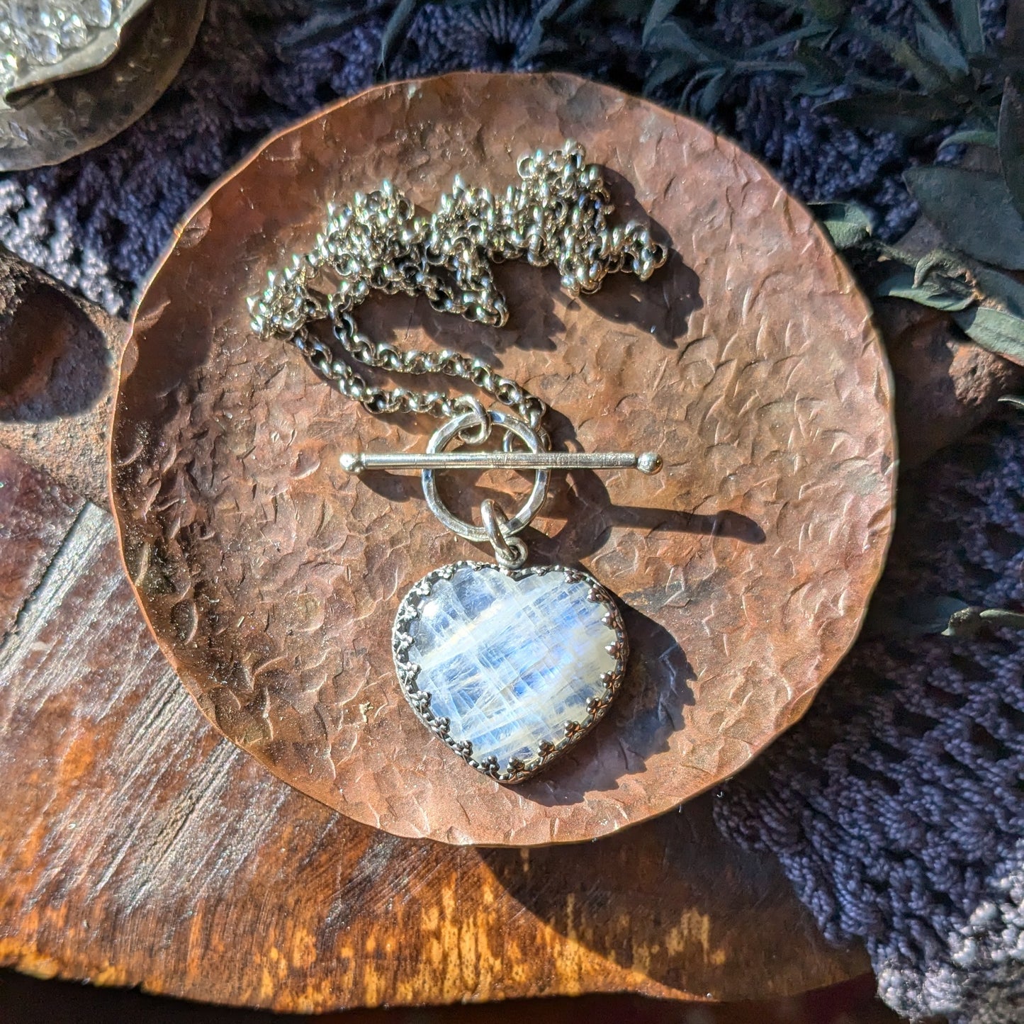 MOONSTONE HEART Necklace | 925 Sterling Silver Blue Flashing White Moonstone Heart Toggle Necklace | Fancy Inverted Heart Gallery Bezel