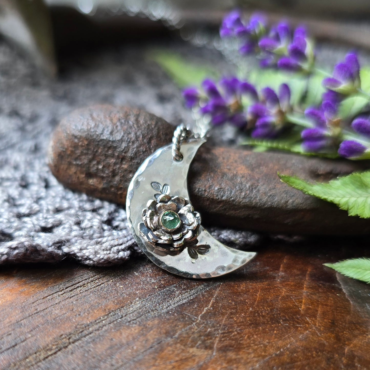 EMERALD Floral Crescent Necklace | 925 Sterling Silver Handcrafted Crescent Moon Flower Pendant Necklace