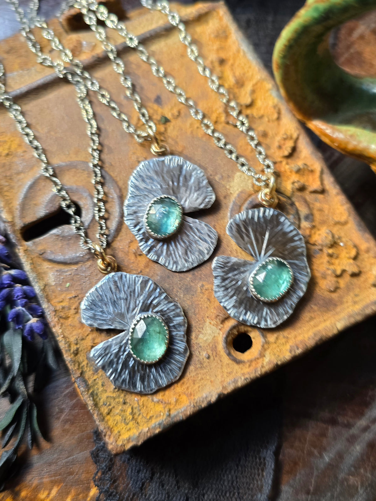 KYANITE LILLY PAD Pendant Necklace | Handcrafted 925 Sterling Silver & 14k Gold Filled Rose Cut Emerald Green Faceted Kyanite Necklace