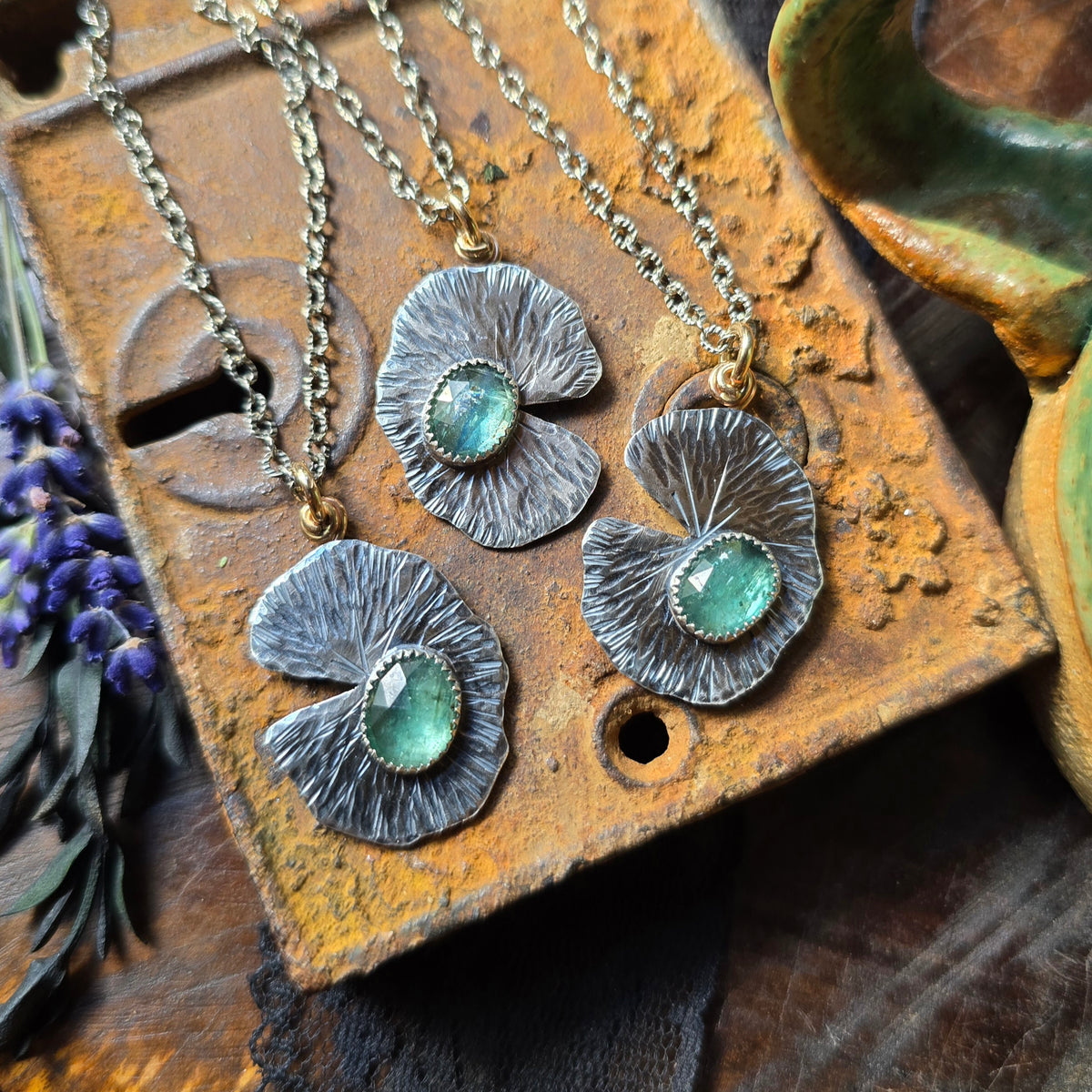 KYANITE LILLY PAD Pendant Necklace | Handcrafted 925 Sterling Silver & 14k Gold Filled Rose Cut Emerald Green Faceted Kyanite Necklace