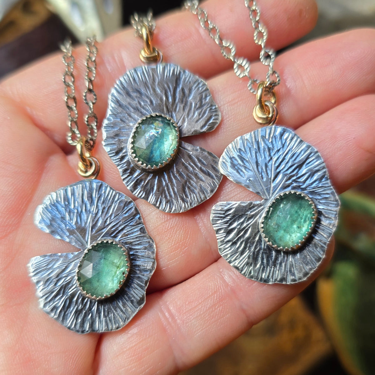 KYANITE LILLY PAD Pendant Necklace | Handcrafted 925 Sterling Silver & 14k Gold Filled Rose Cut Emerald Green Faceted Kyanite Necklace