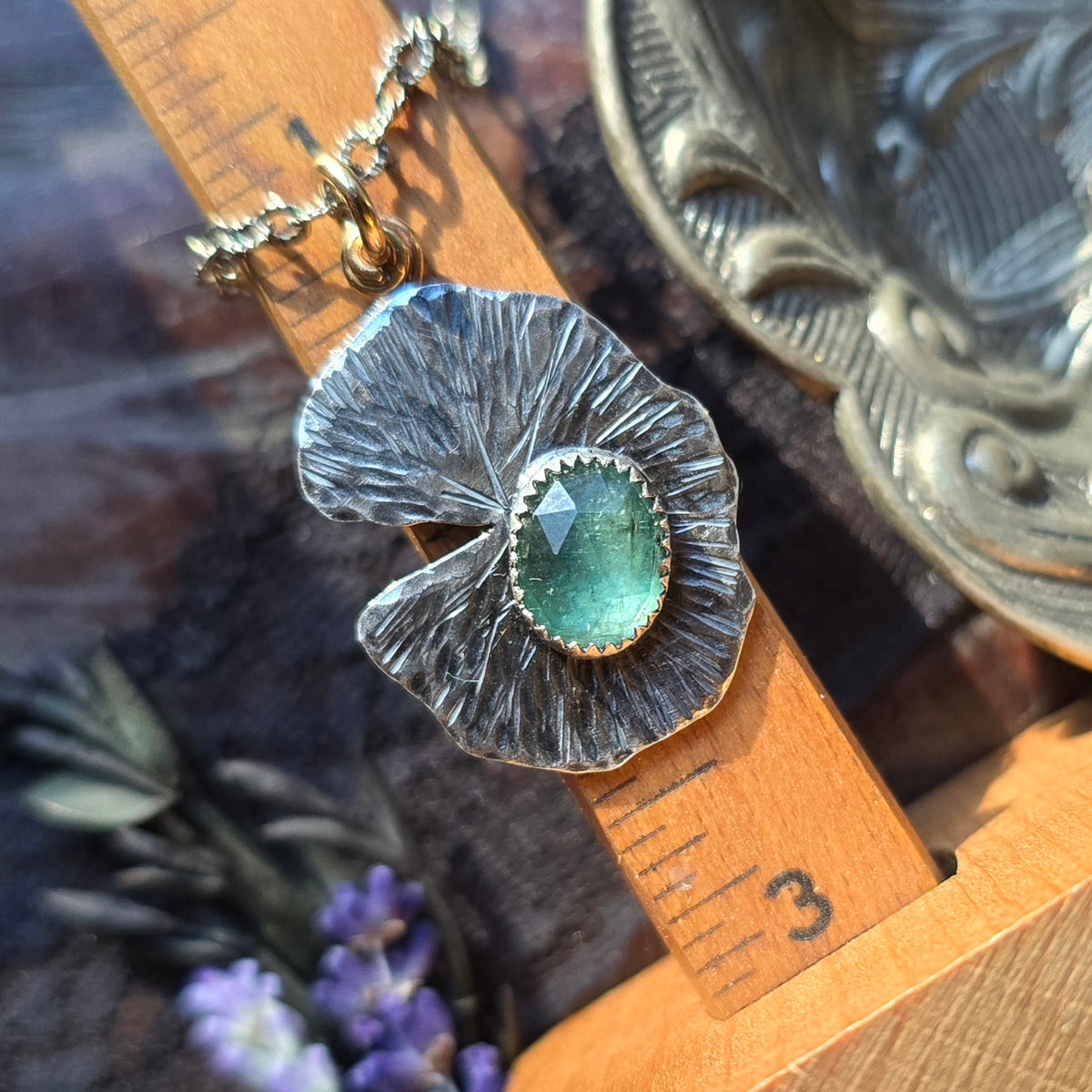 KYANITE LILLY PAD Pendant Necklace | Handcrafted 925 Sterling Silver & 14k Gold Filled Rose Cut Emerald Green Faceted Kyanite Necklace