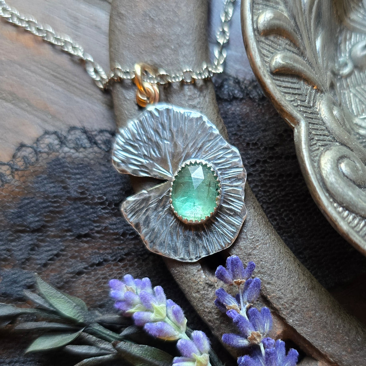 KYANITE LILLY PAD Pendant Necklace | Handcrafted 925 Sterling Silver & 14k Gold Filled Rose Cut Emerald Green Faceted Kyanite Necklace