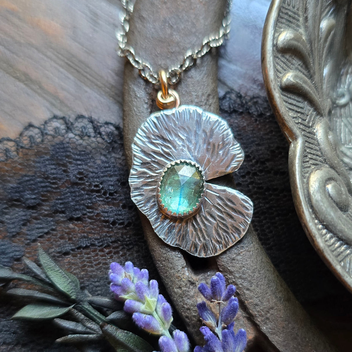 KYANITE LILLY PAD Pendant Necklace | Handcrafted 925 Sterling Silver & 14k Gold Filled Rose Cut Emerald Green Faceted Kyanite Necklace