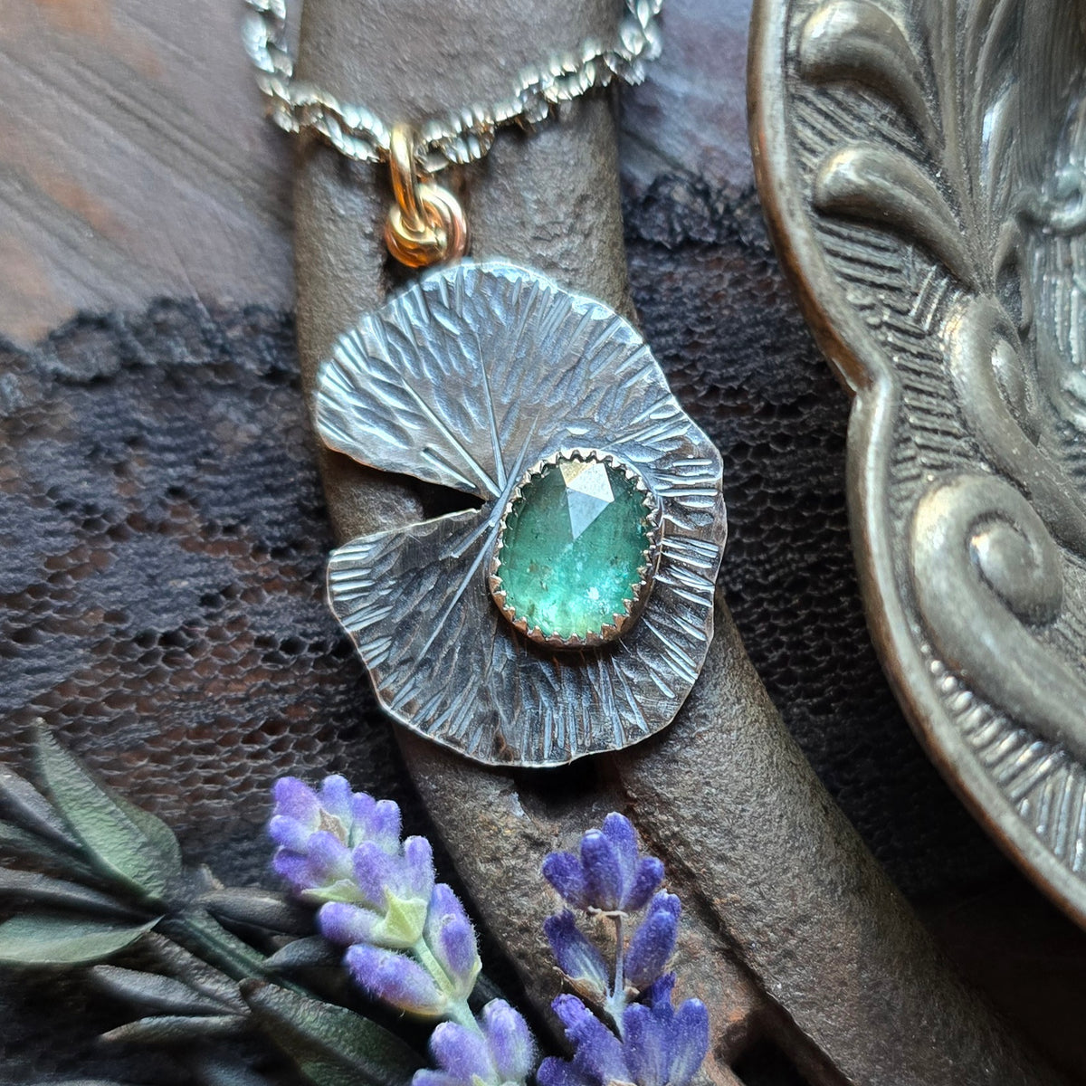 KYANITE LILLY PAD Pendant Necklace | Handcrafted 925 Sterling Silver & 14k Gold Filled Rose Cut Emerald Green Faceted Kyanite Necklace