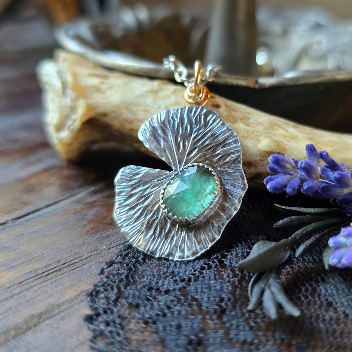 KYANITE LILLY PAD Pendant Necklace | Handcrafted 925 Sterling Silver & 14k Gold Filled Rose Cut Emerald Green Faceted Kyanite Necklace