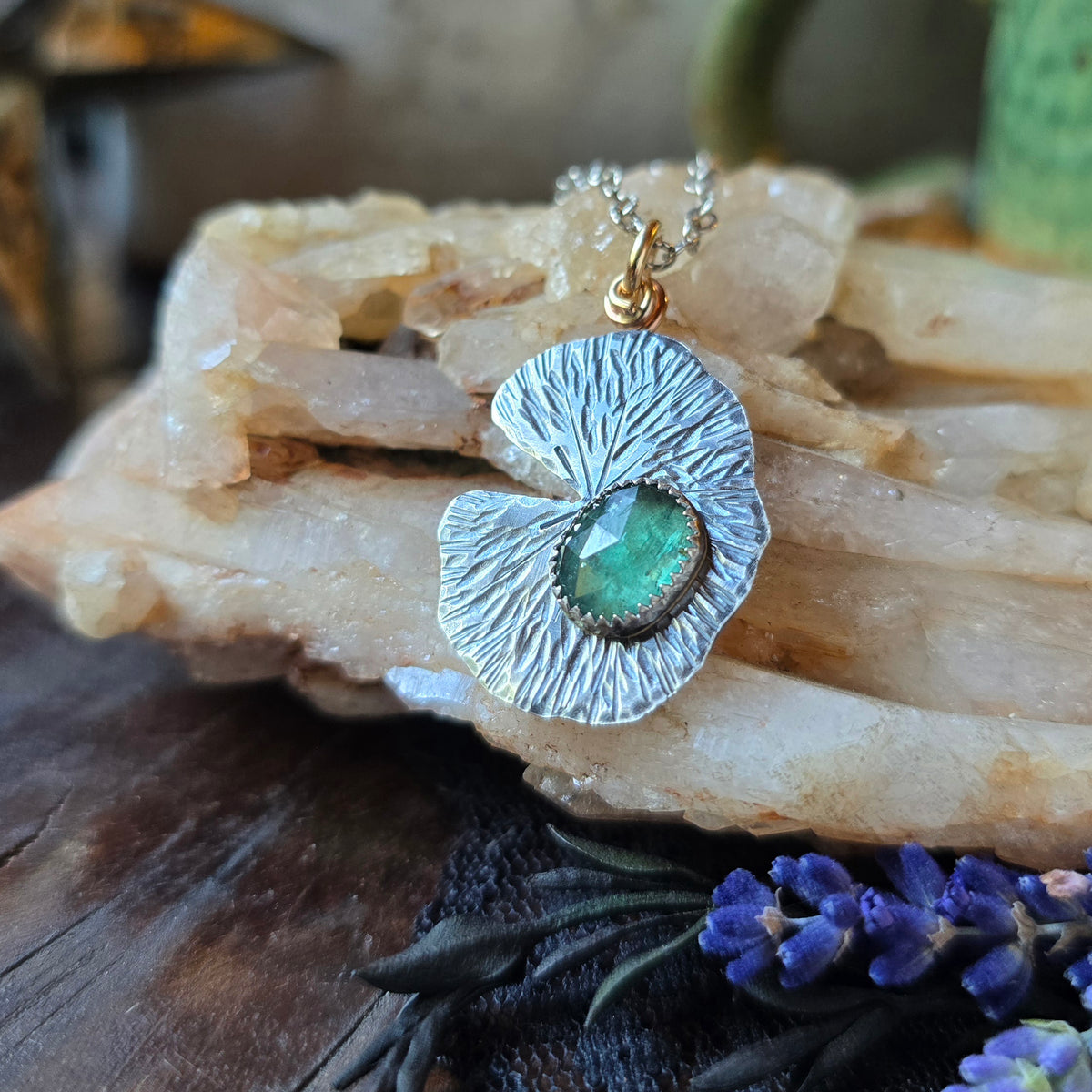 KYANITE LILLY PAD Pendant Necklace | Handcrafted 925 Sterling Silver & 14k Gold Filled Rose Cut Emerald Green Faceted Kyanite Necklace