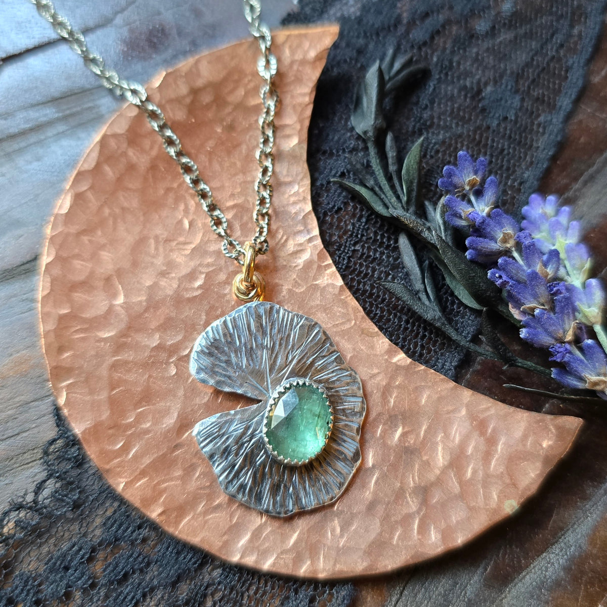 KYANITE LILLY PAD Pendant Necklace | Handcrafted 925 Sterling Silver & 14k Gold Filled Rose Cut Emerald Green Faceted Kyanite Necklace